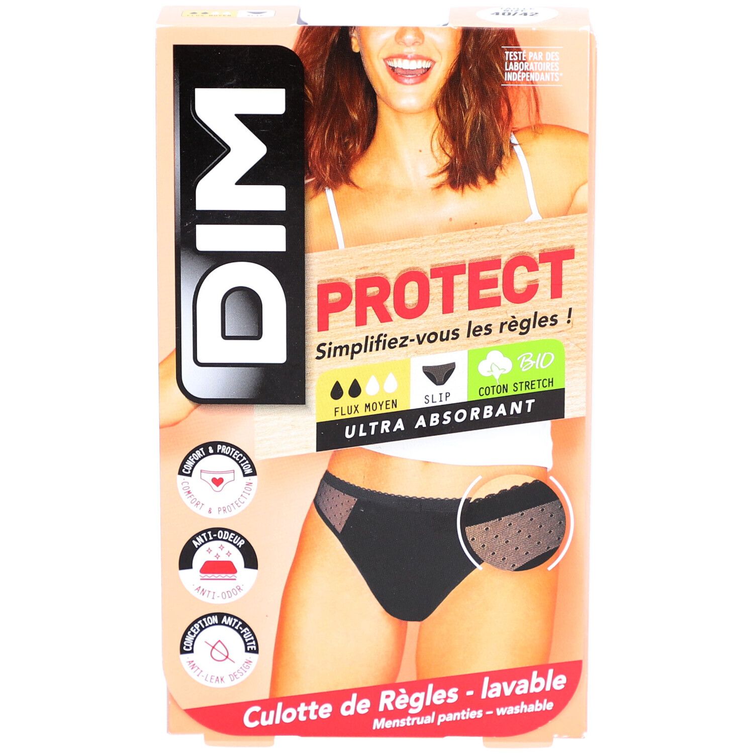 Boîte de culotte menstruelle DIM Protect. Slip noir en dentelle, coton bio, flux moyen, ultra absorbant.