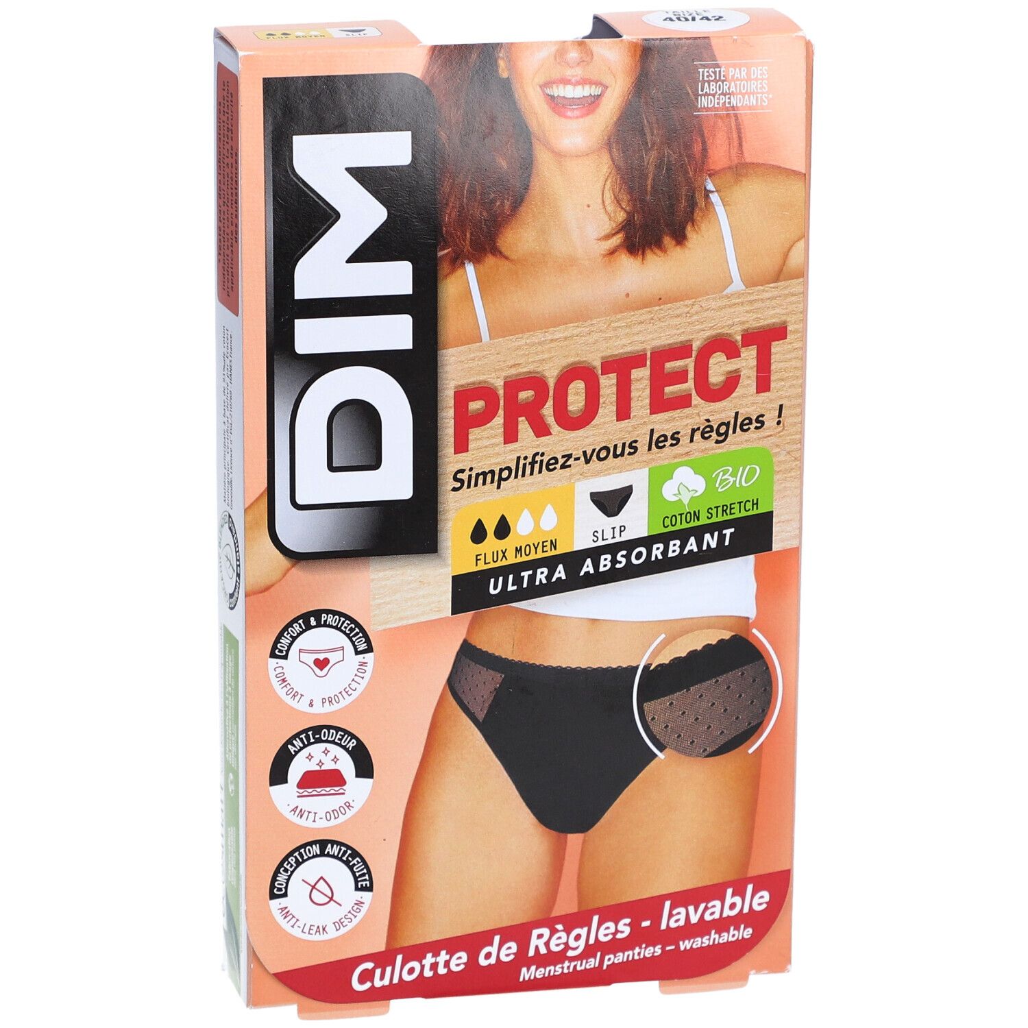 Boîte de culotte menstruelle DIM Protect. Slip noir en dentelle, coton bio, flux moyen, ultra absorbant.