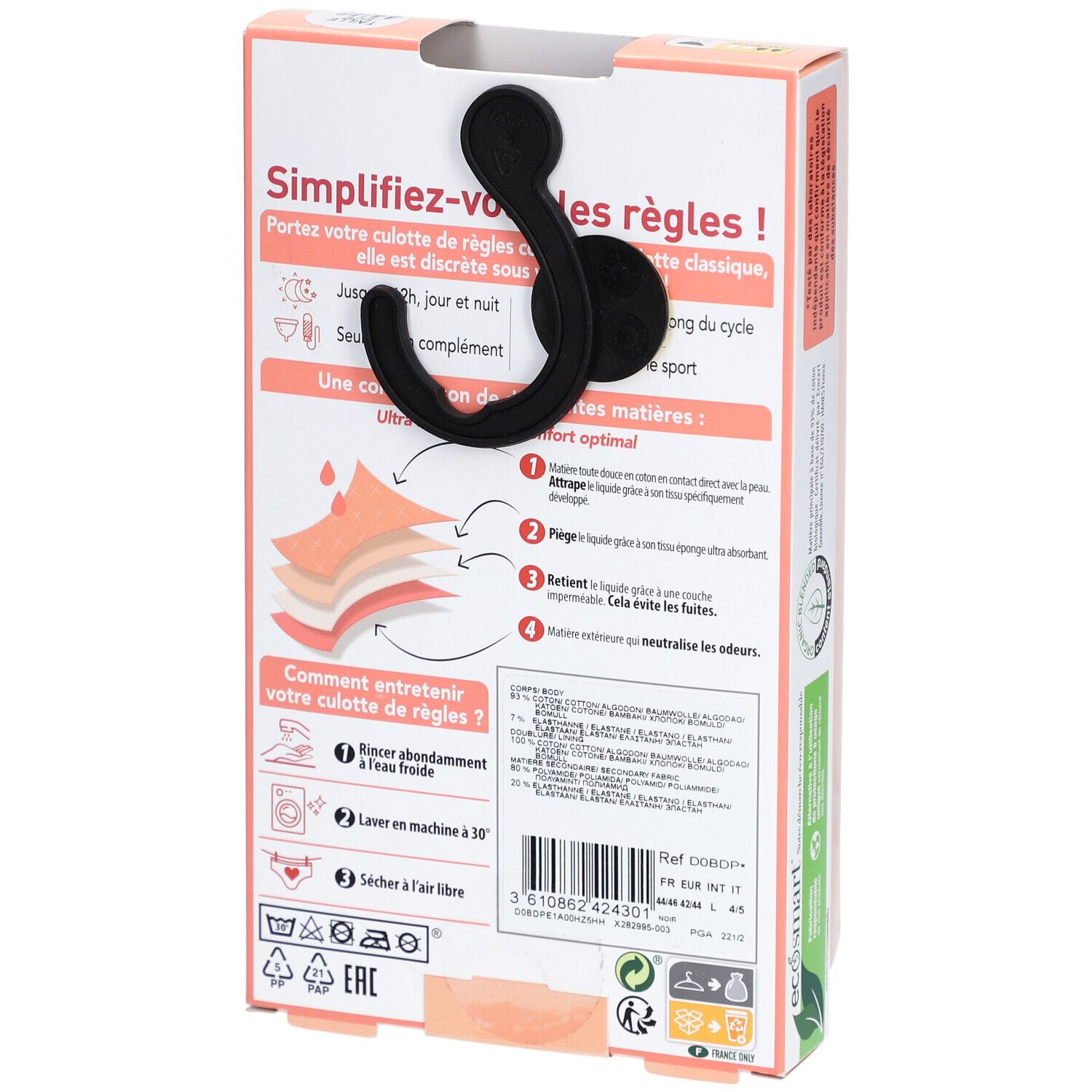 DIM Protect Lineal Slip Lace Waschbar aus Bio-Baumwolle Größe 44-46 - Schwarz - Mittelfluss