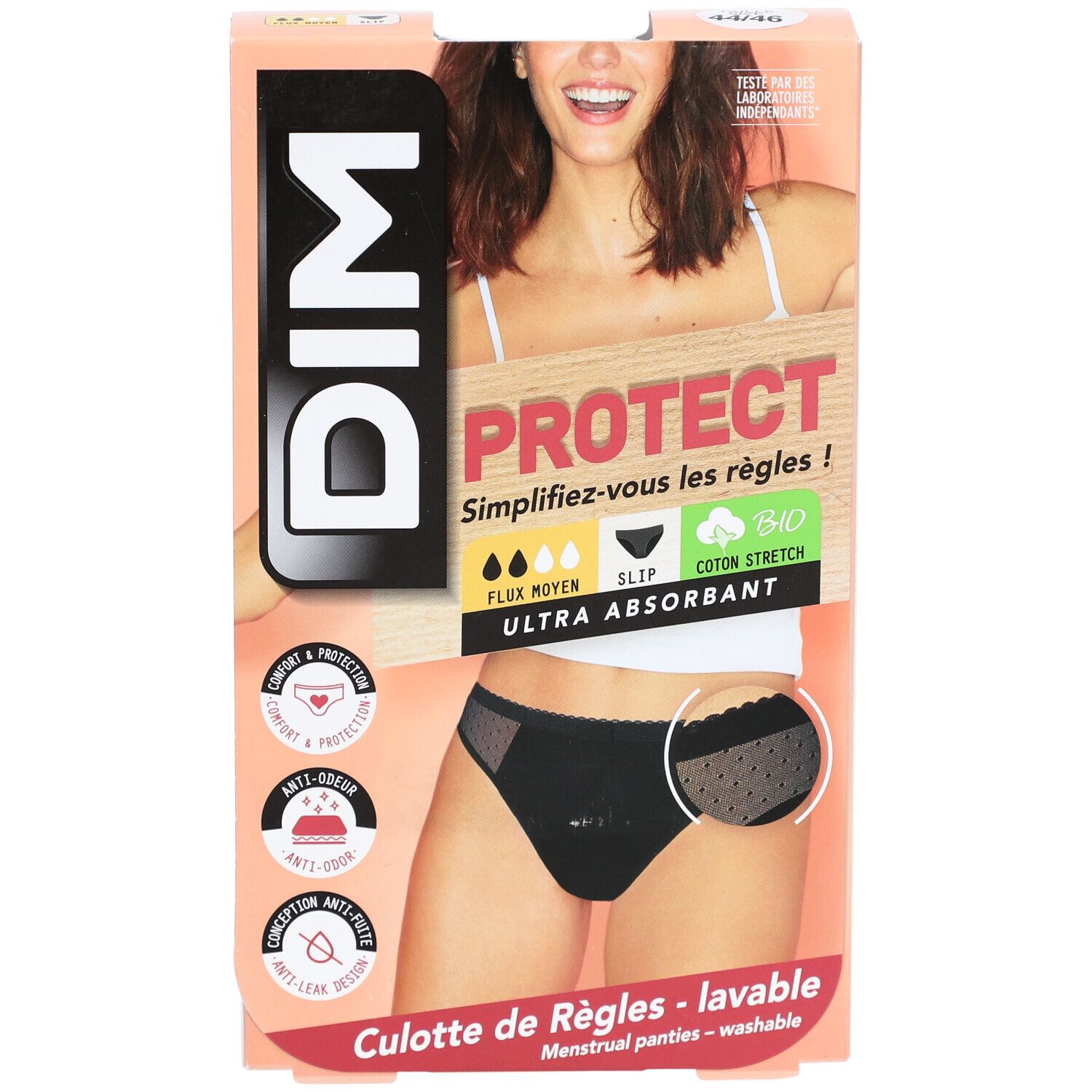 DIM Protect Lineal Slip Lace Waschbar aus Bio-Baumwolle Größe 44-46 - Schwarz - Mittelfluss
