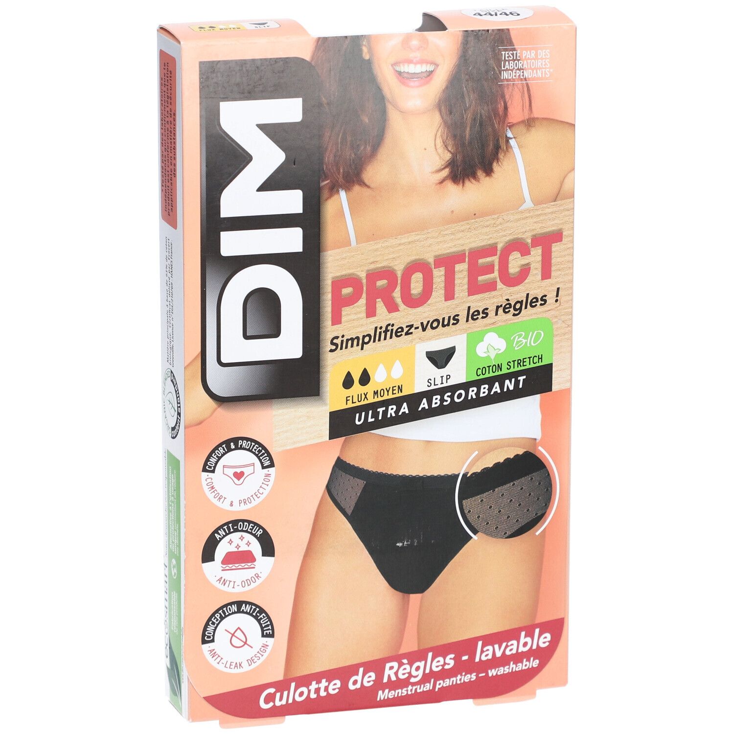 DIM Protect Lineal Slip Lace Waschbar aus Bio-Baumwolle Größe 44-46 - Schwarz - Mittelfluss