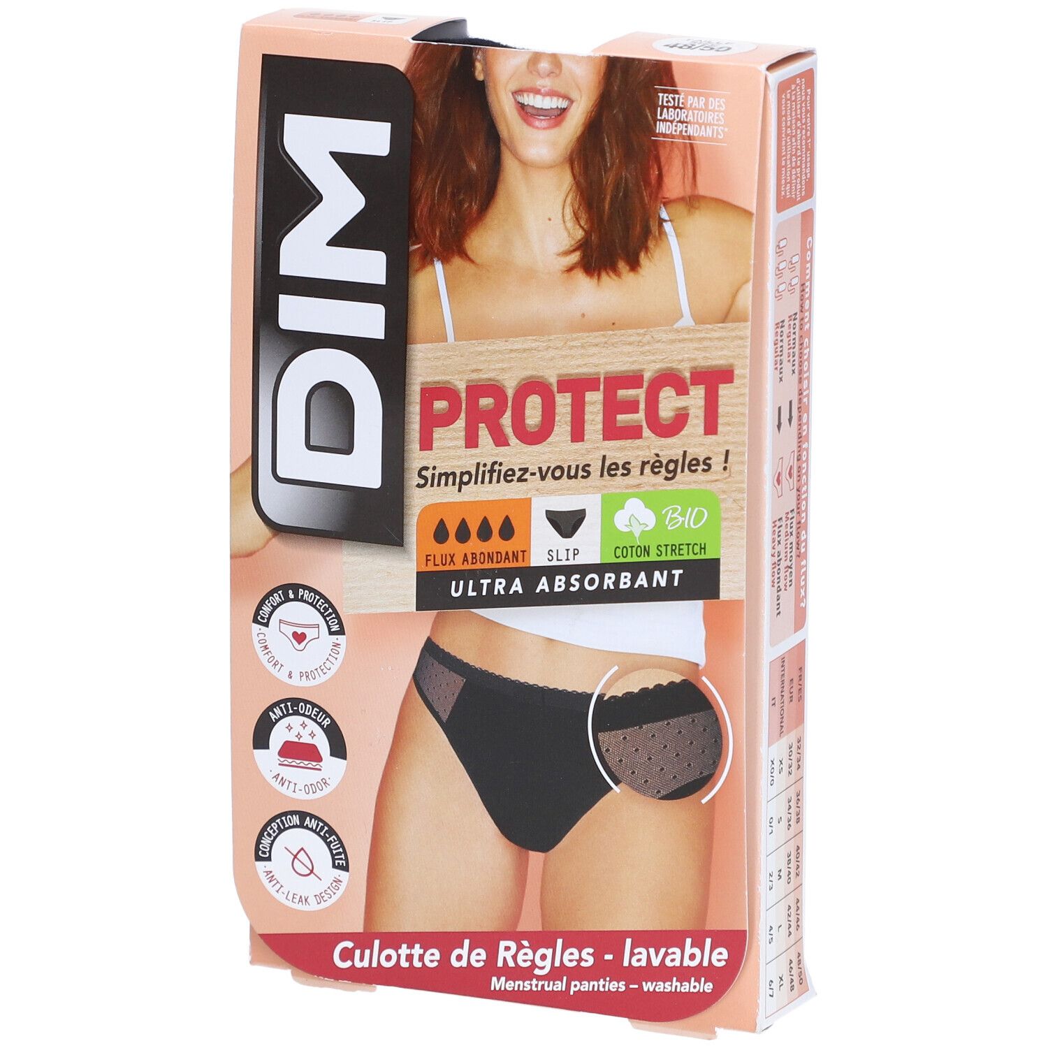 Emballage DIM pour culotte menstruelle. Slip noir en dentelle, ultra absorbant. Coton bio. Image du produit et logo sur l'emballage.