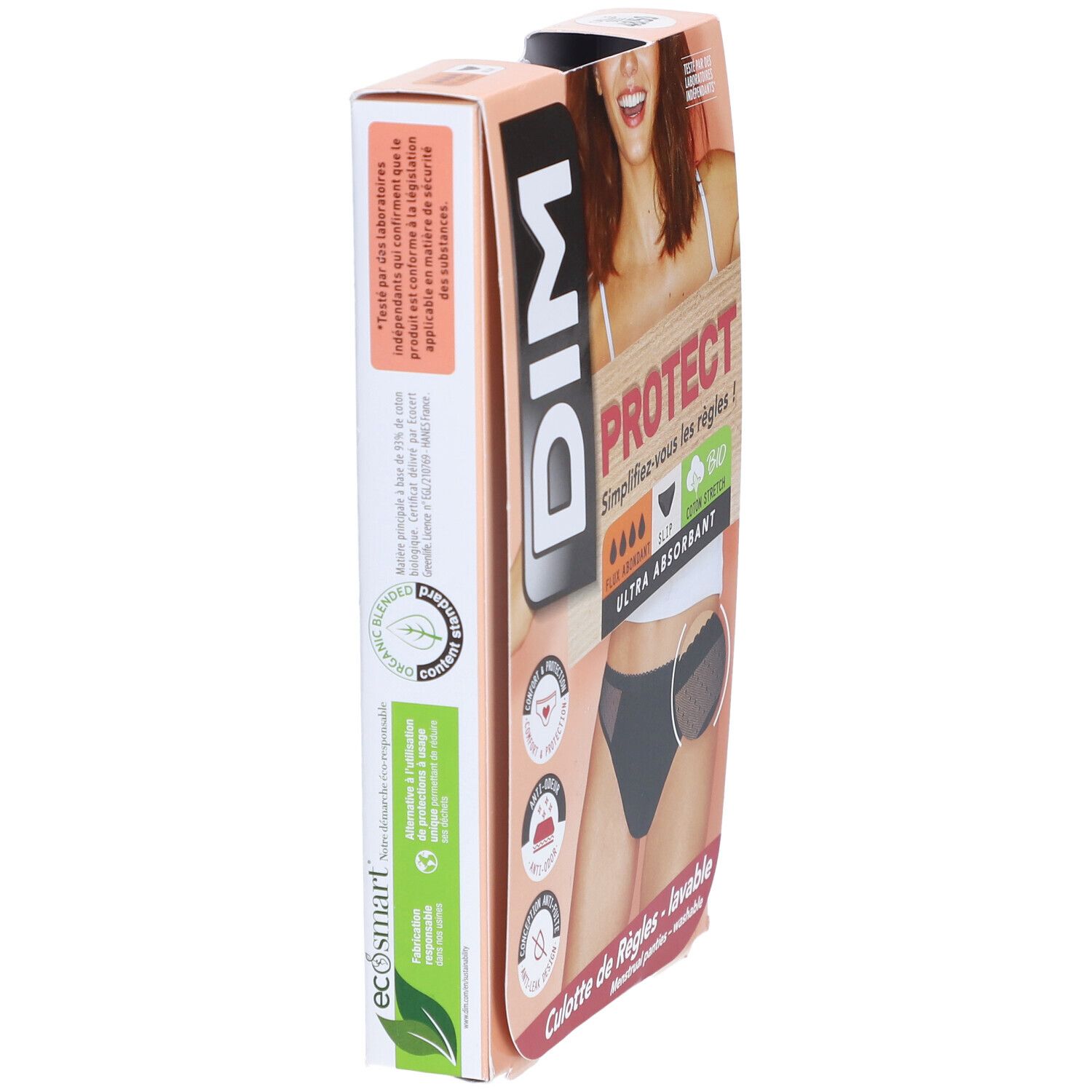Vue latérale de l'emballage DIM pour culotte menstruelle. Slip noir en dentelle. Logo et informations sur le produit sur l'emballage.