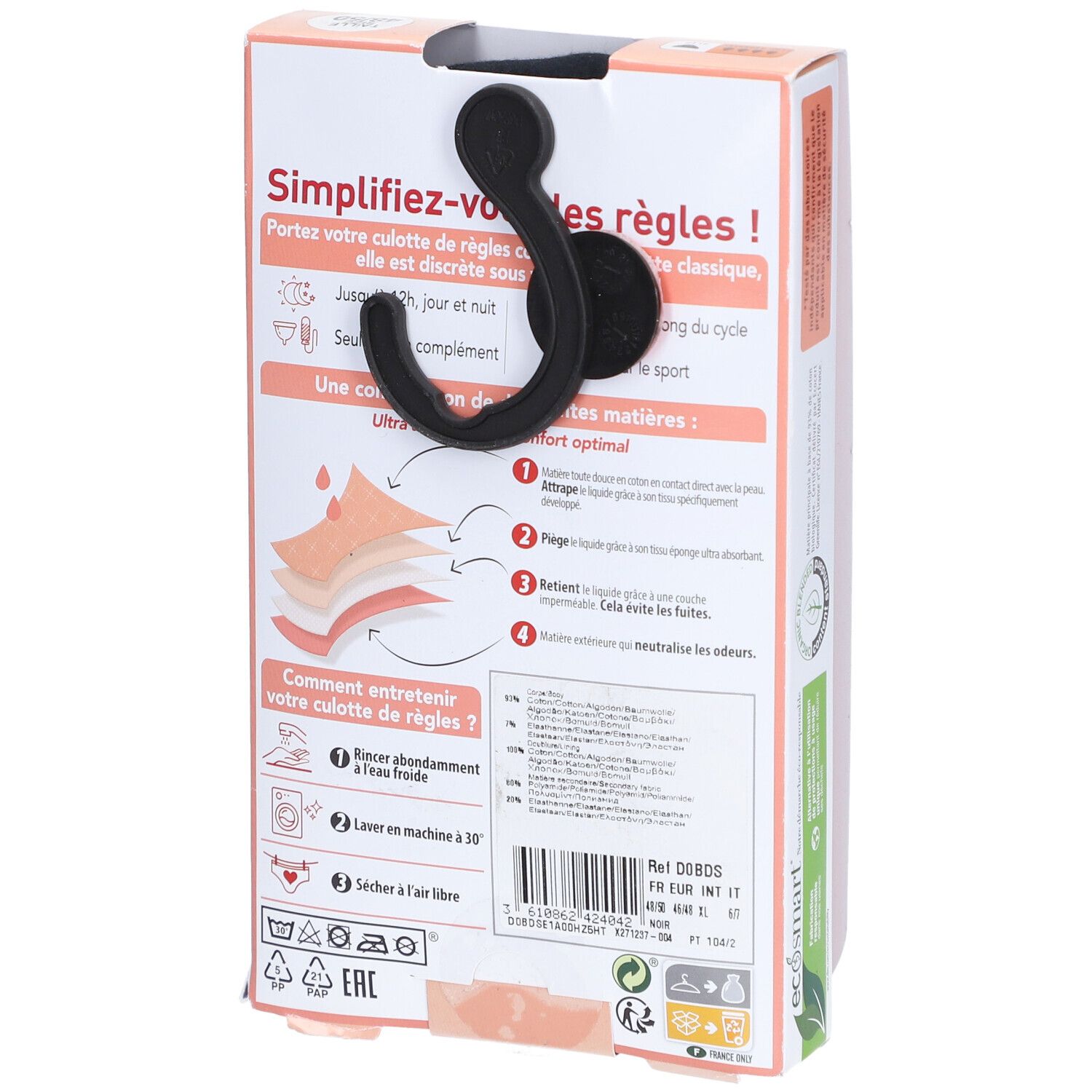 Dos de l'emballage DIM pour culotte menstruelle. Informations d'utilisation et d'entretien. Crochet de suspension.