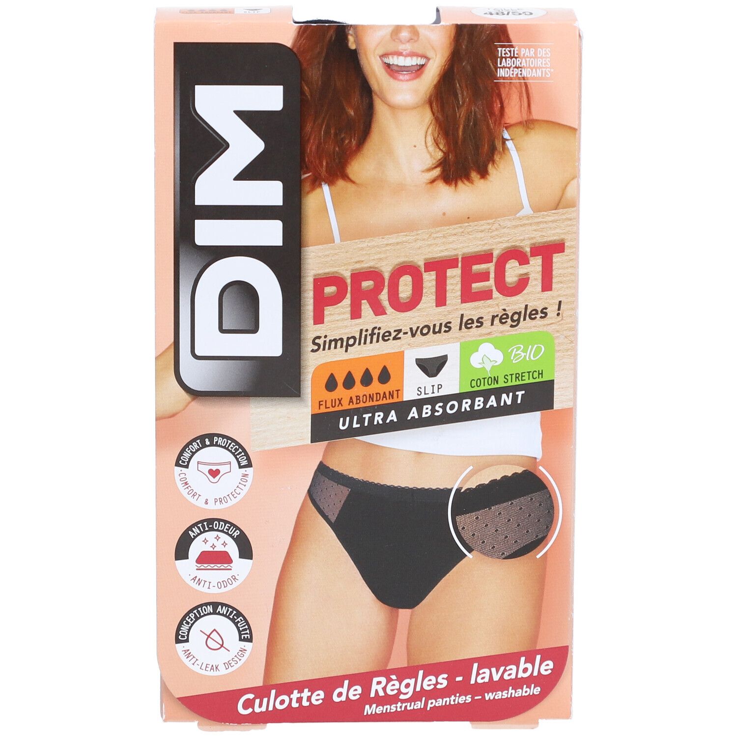 Emballage DIM pour culotte menstruelle. Slip noir en dentelle, ultra absorbant. Coton bio. Image du produit et logo sur l'emballage.