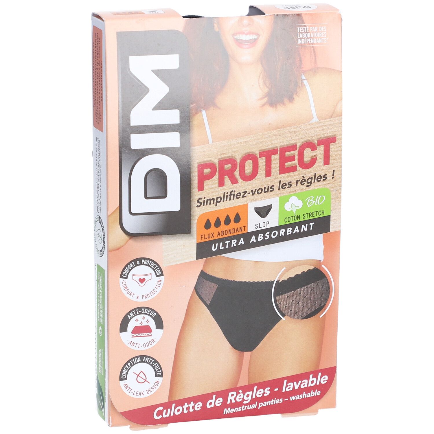 Emballage DIM pour culotte menstruelle. Slip noir en dentelle, ultra absorbant. Coton bio. Image du produit et logo sur l'emballage.