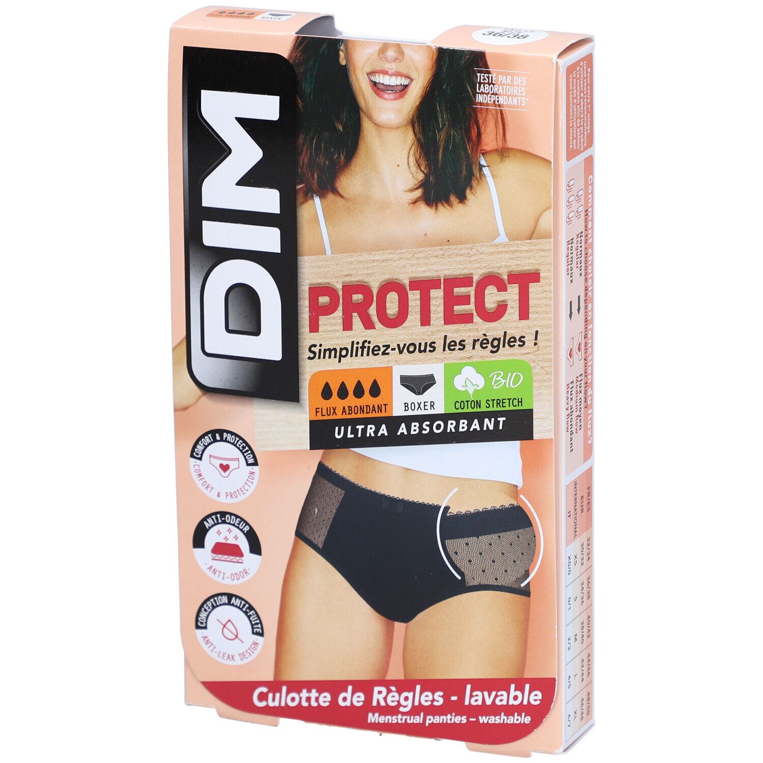 DIM Culotte de Règles en coton bio Lavable - Boxer Lace Noir 36-38 - Flux abondant