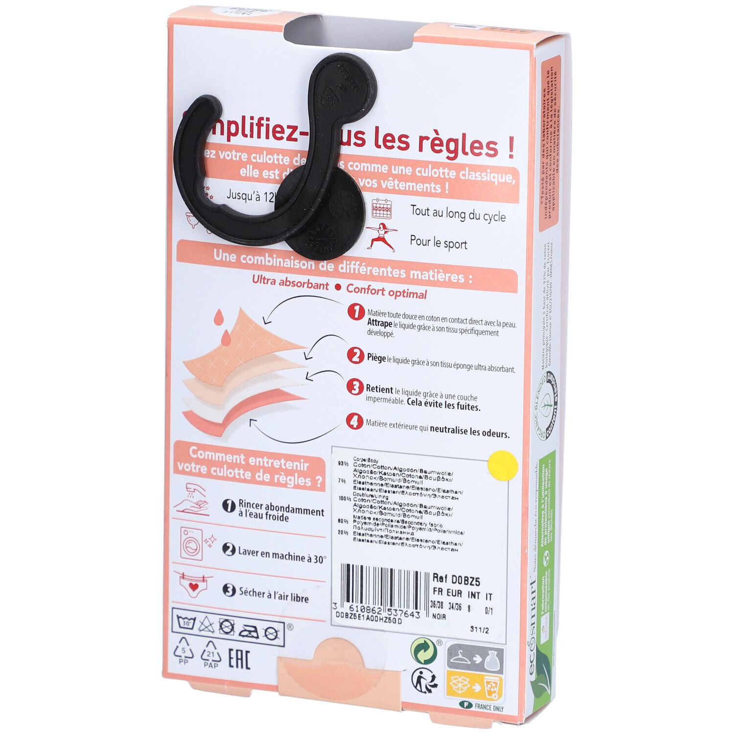 DIM Culotte de Règles en coton bio Lavable - Boxer Lace Noir 36-38 - Flux abondant