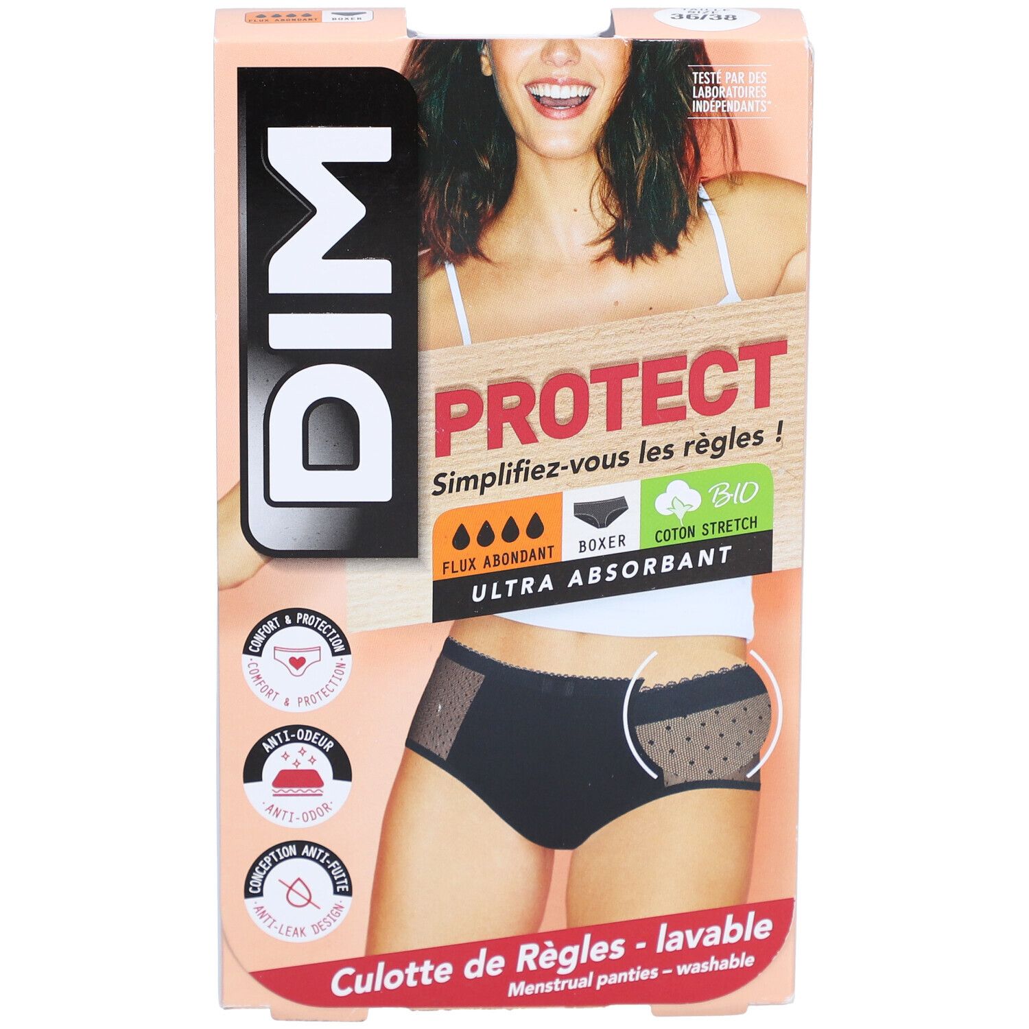 DIM Culotte de Règles en coton bio Lavable - Boxer Lace Noir 36-38 - Flux abondant