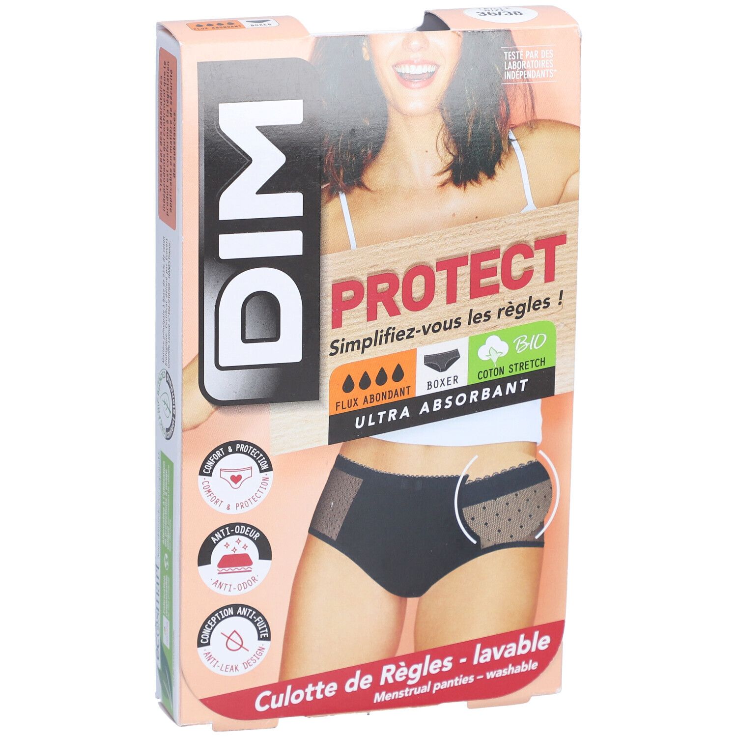 DIM Culotte de Règles en coton bio Lavable - Boxer Lace Noir 36-38 - Flux abondant