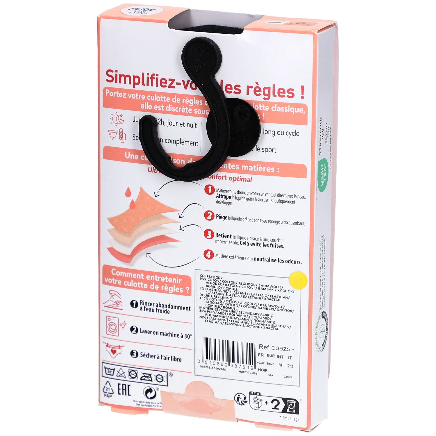DIM Menstruationshöschen aus Bio-Baumwolle Waschbar - Boxer Lace Schwarz 40-42 - Reichlicher Ausfluss
