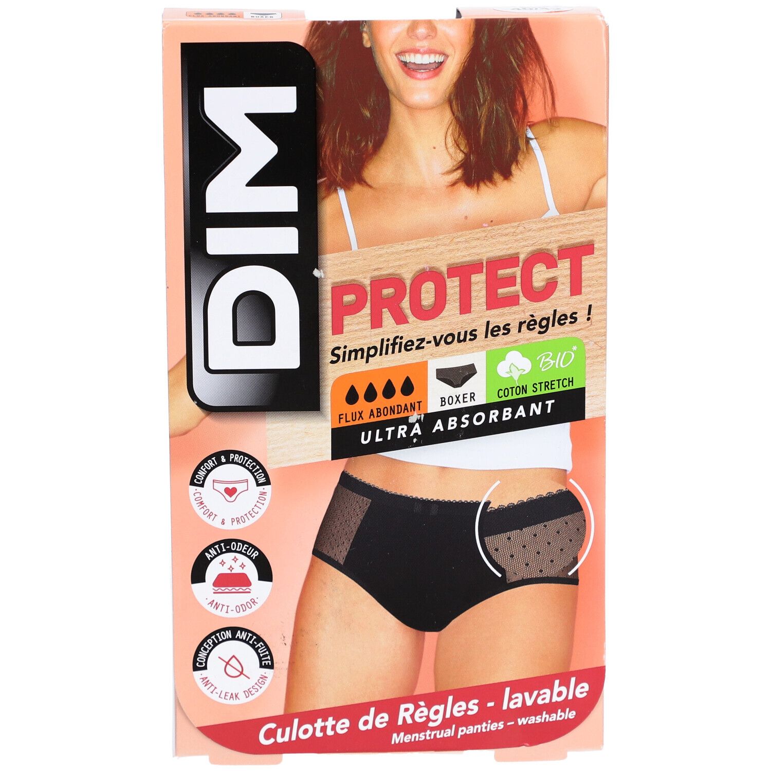 DIM Menstruationshöschen aus Bio-Baumwolle Waschbar - Boxer Lace Schwarz 40-42 - Reichlicher Ausfluss