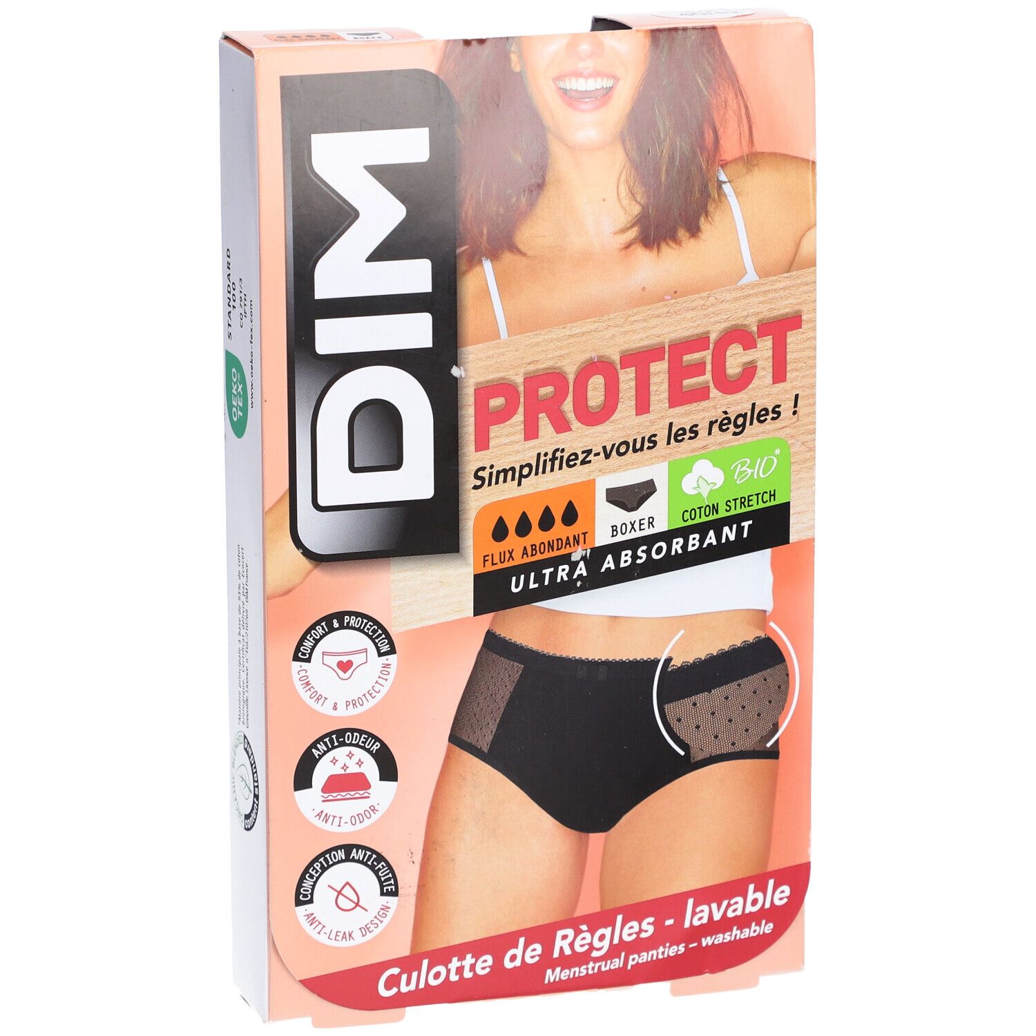 DIM Menstruationshöschen aus Bio-Baumwolle Waschbar - Boxer Lace Schwarz 40-42 - Reichlicher Ausfluss