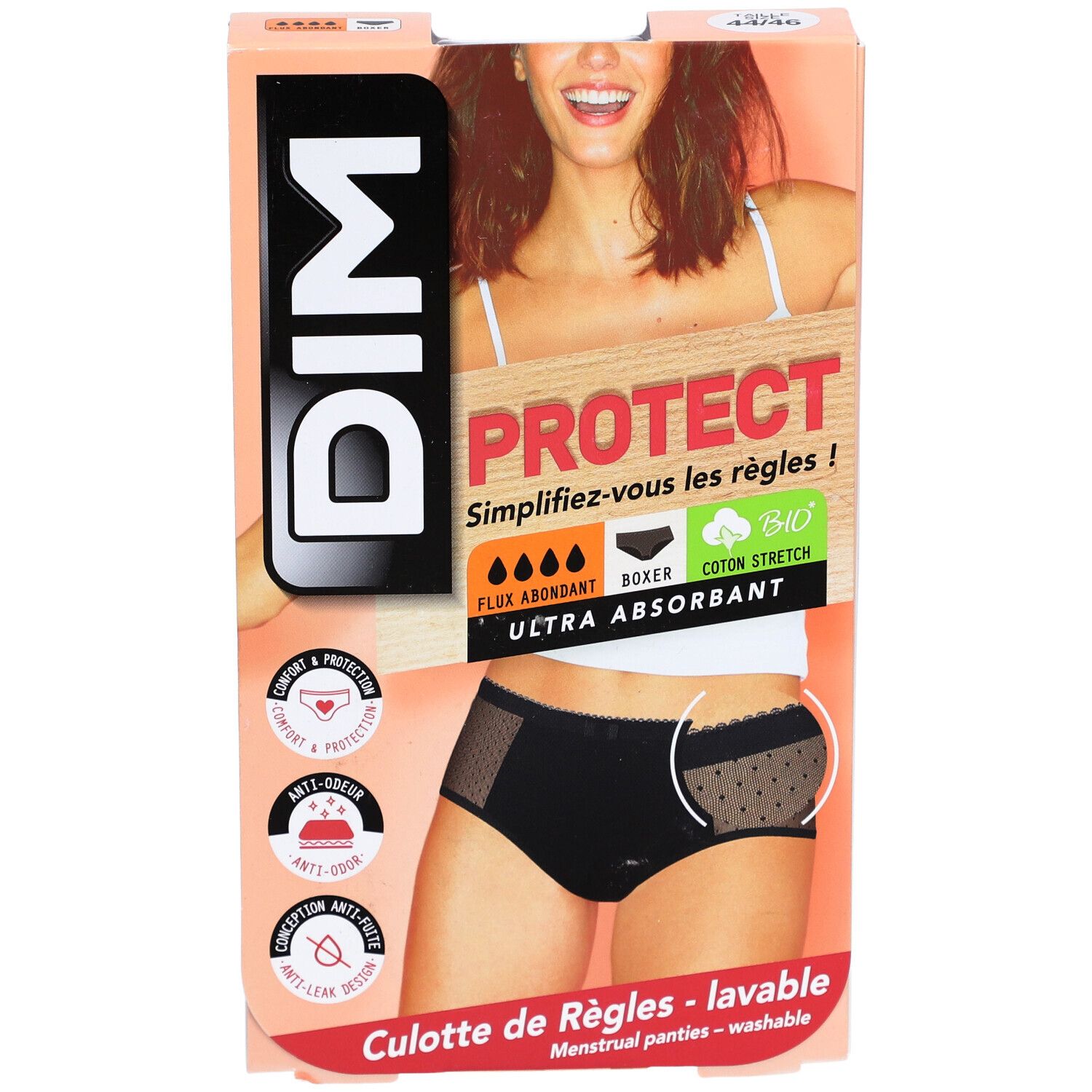 DIM Protect Lineal Boxer Slip Lace Waschbar aus Bio-Baumwolle Größe 44-46 - Schwarz - Flux Abondant