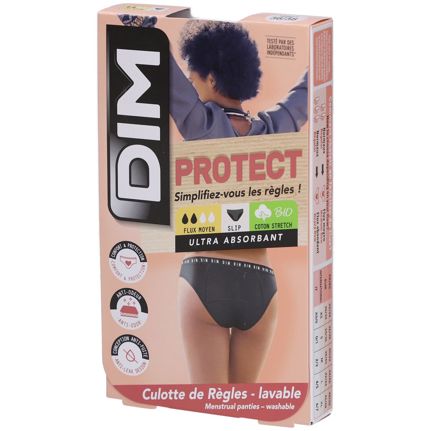 Boîte DIM Protect. Culotte de règles lavable, taille 36-38, flux moyen. Coton stretch bio. Ultra absorbant.