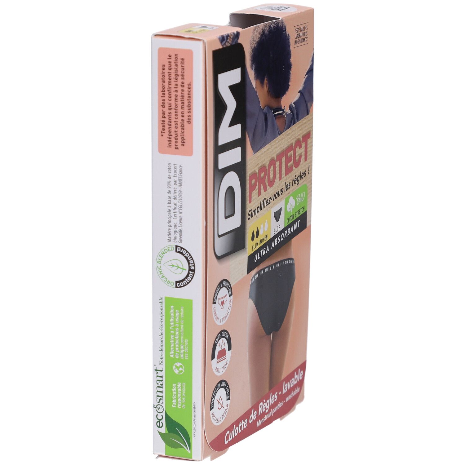 Boîte DIM Protect. Culotte de règles, taille 36-38. Certification éco. Vue latérale de l'emballage.