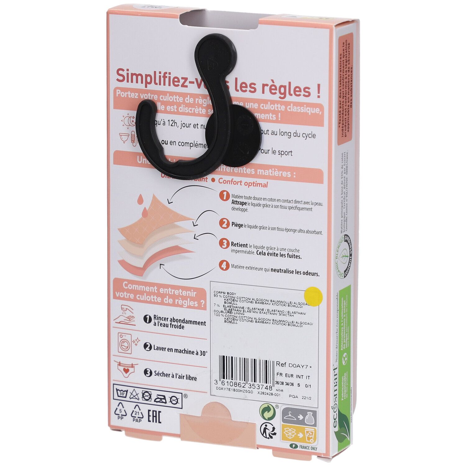 Dos de la boîte DIM Protect. Informations sur l'utilisation et l'entretien de la culotte menstruelle.