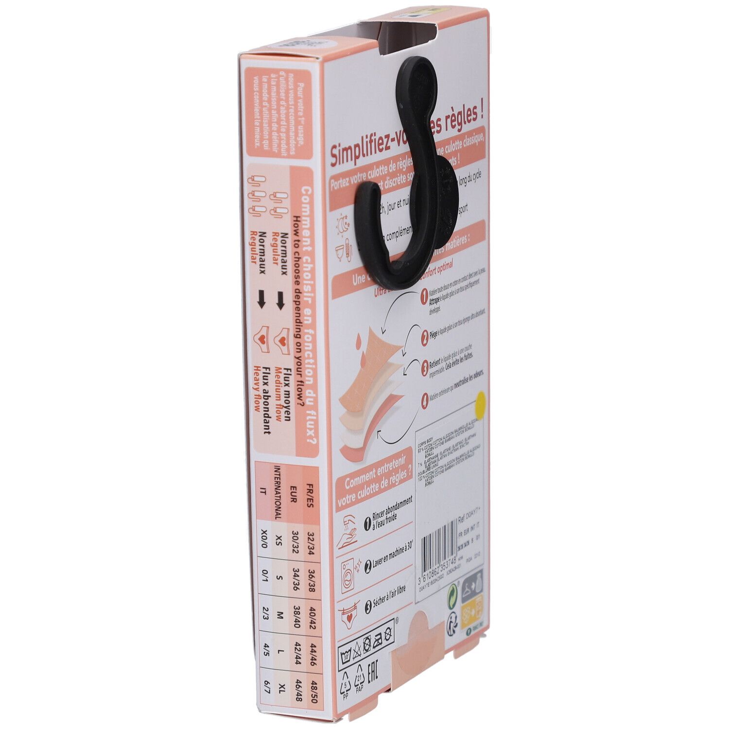 Boîte DIM Protect. Tableau des tailles des culottes menstruelles. Informations sur le flux.