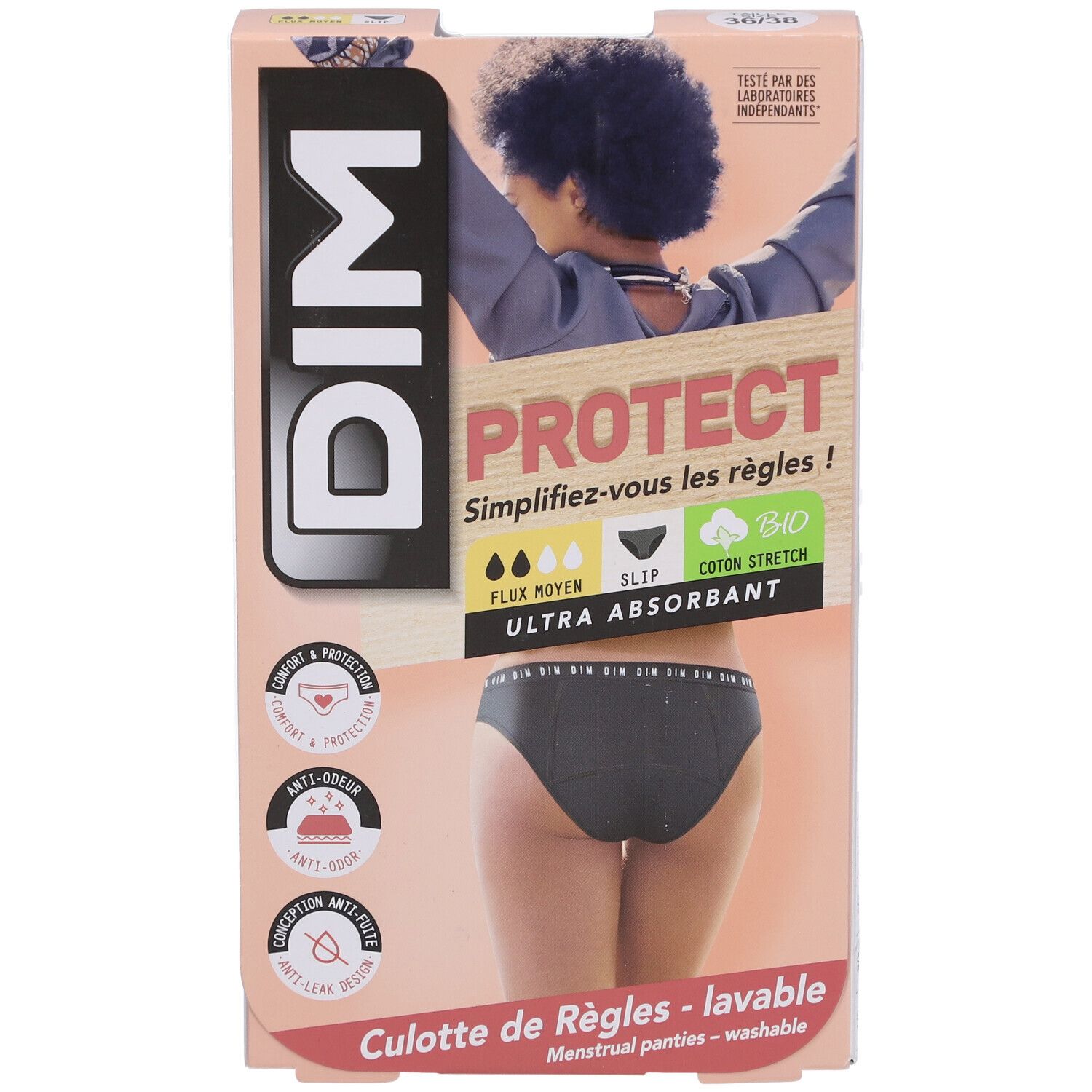 Boîte DIM Protect. Culotte de règles, taille 36-38, flux moyen. Culotte noire. Coton bio. Ultra absorbante.