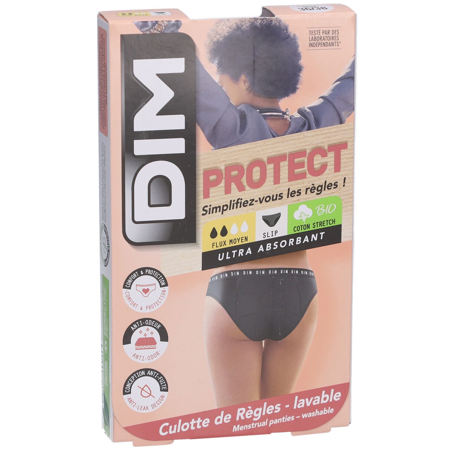 Boîte DIM Protect. Culotte de règles, taille 36-38, flux moyen. Culotte noire avec logo. Ultra absorbante.