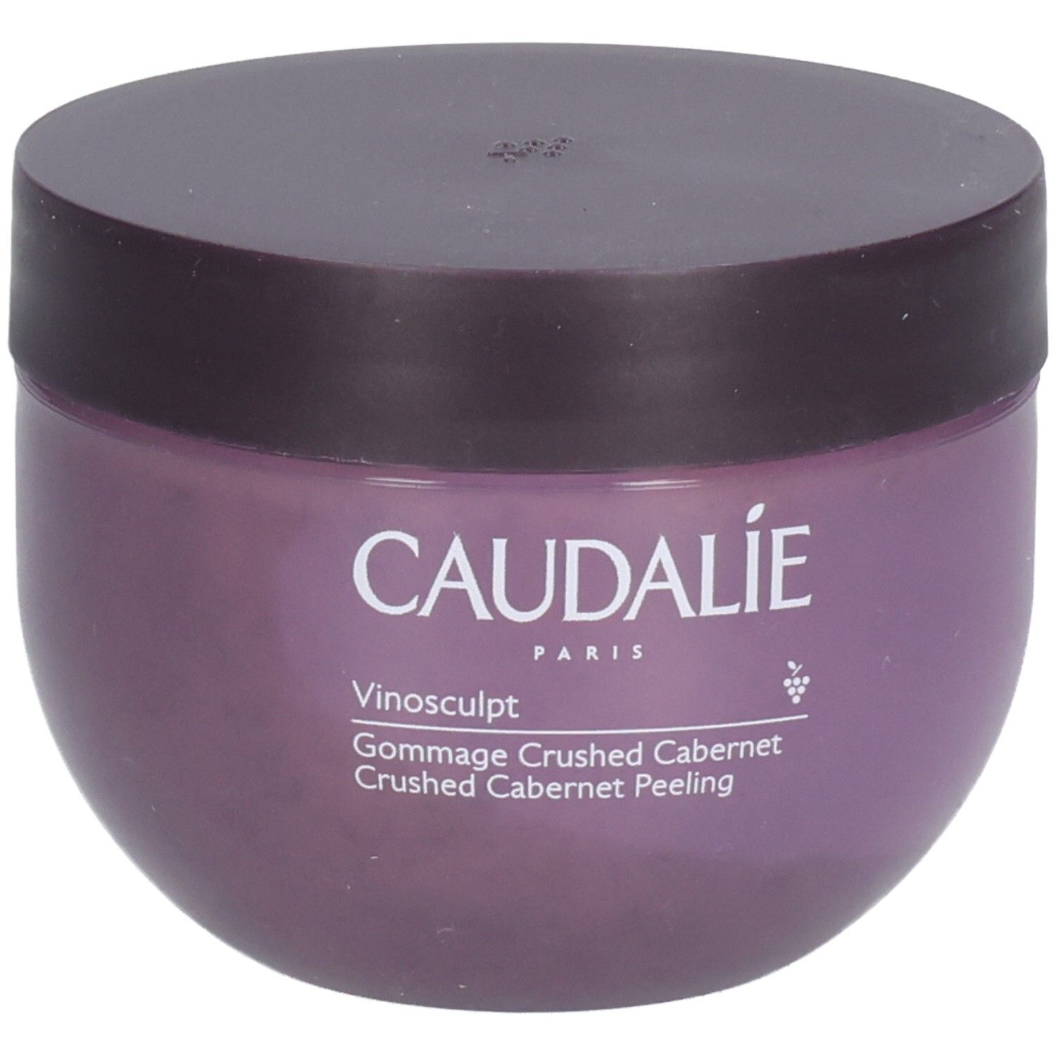 Pot rond avec couvercle. Inscription: Caudalie, Vinosculpt, Crushed Cabernet Peeling.