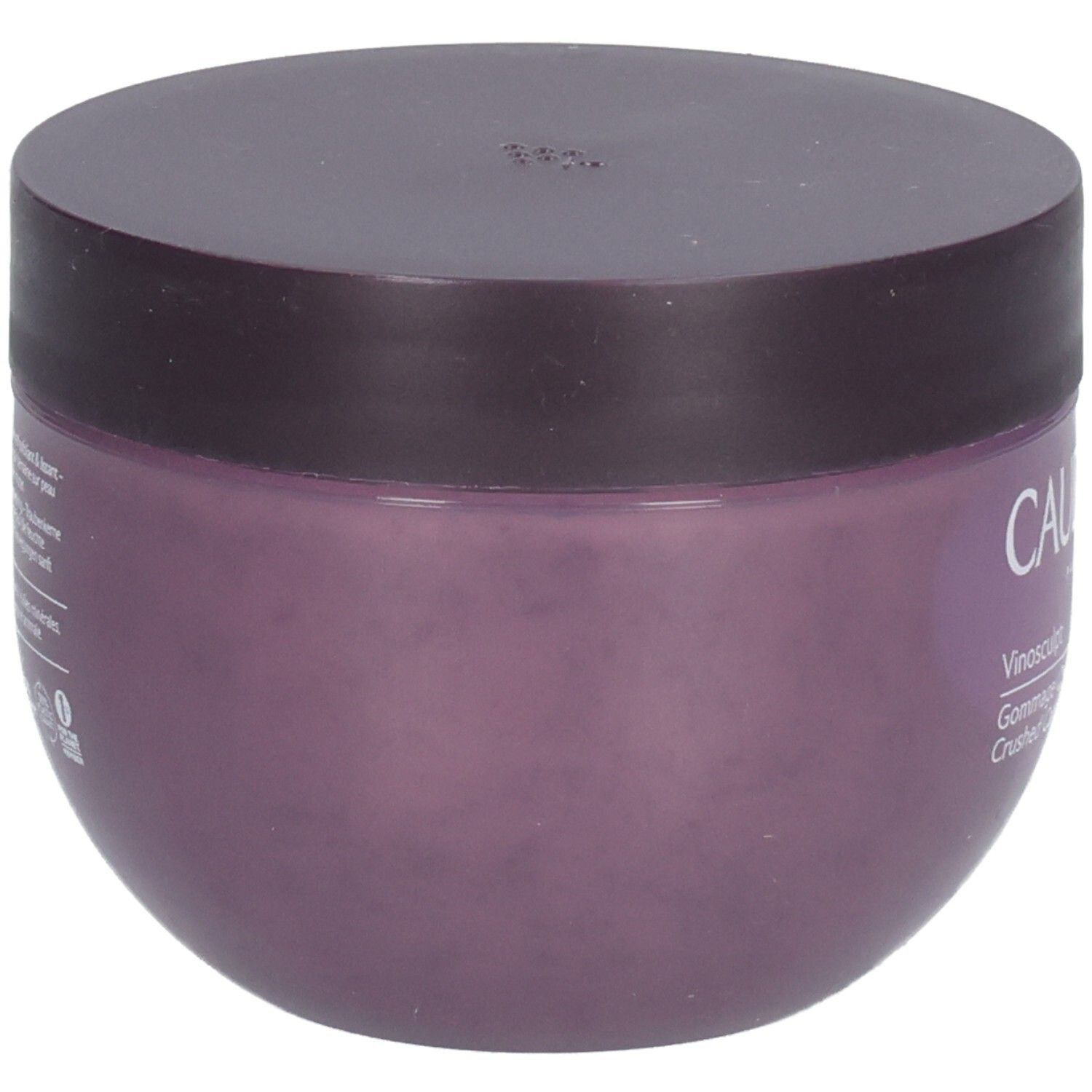 Pot rond avec couvercle. Côté avec texte. Inscription: Caudalie, Vinosculpt, Crushed Cabernet Peeling.