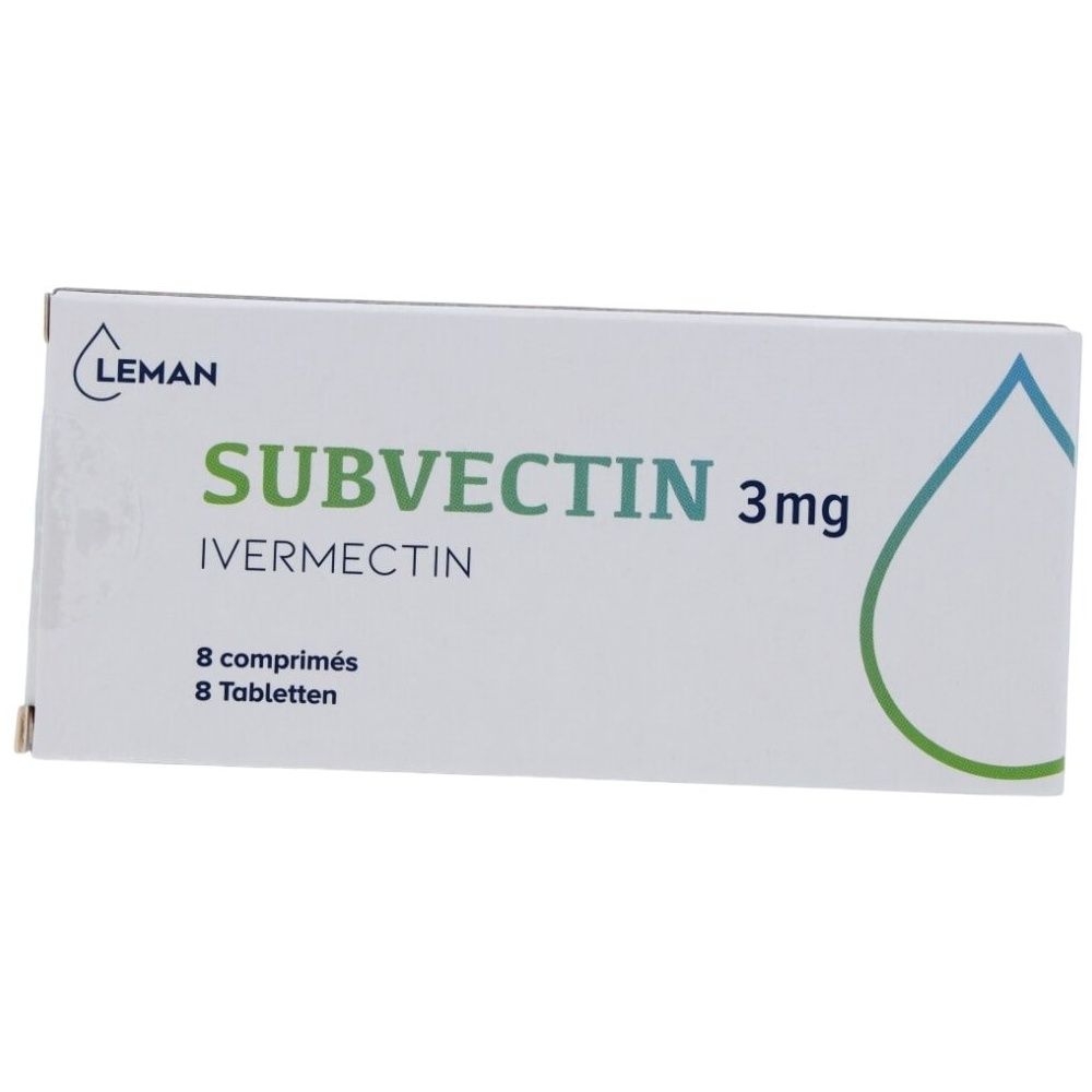 Weiße Schachtel mit SUBVECTIN 3mg, IVERMECTIN. Enthält 8 Tabletten. Marke LEMAN. Blaue und grüne Grafik.