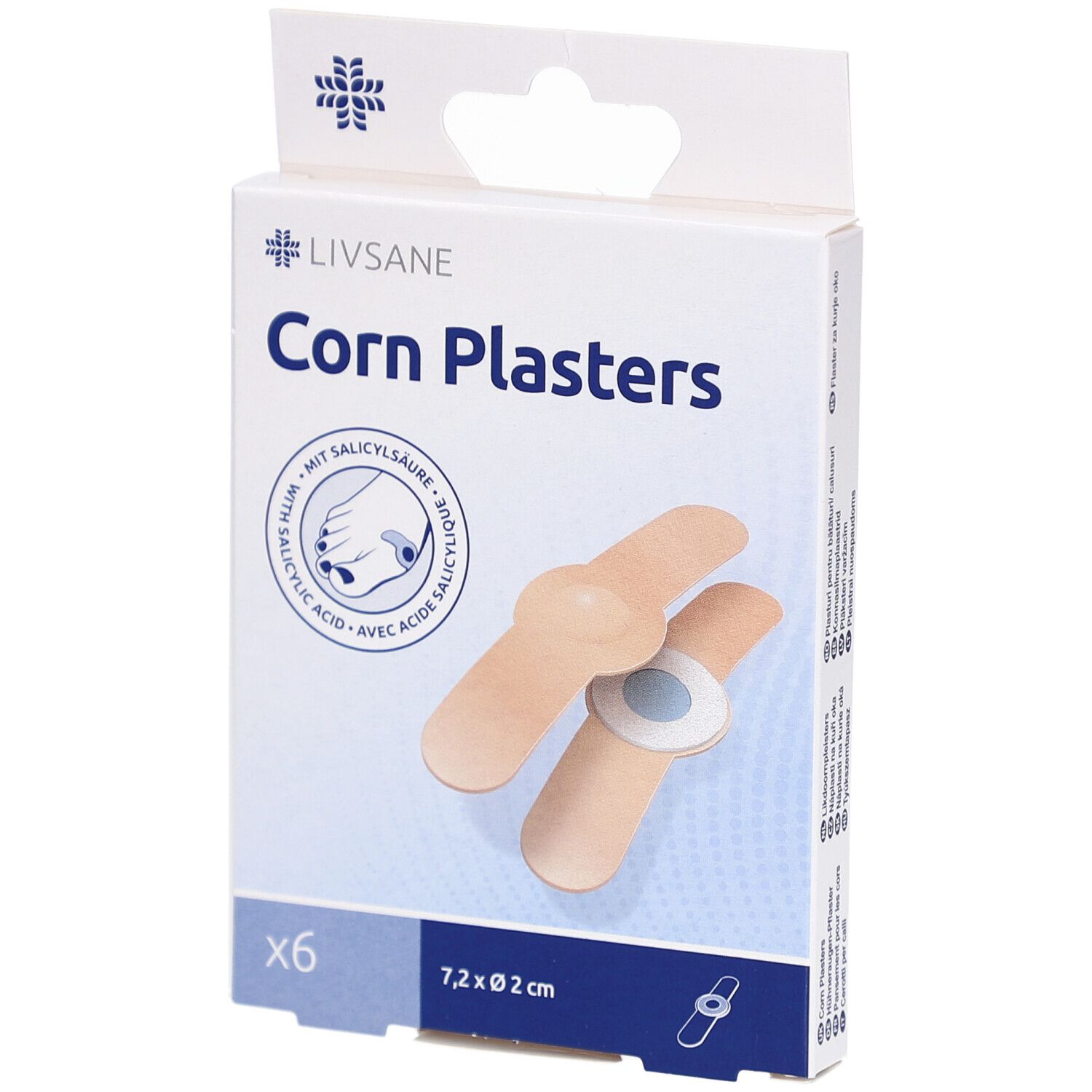 Schachtel mit LIVSANE Corn Plasters. Sechs Pflaster, 7,2 x Ø 2 cm, mit Abbildung. Enthält Salicylsäure.