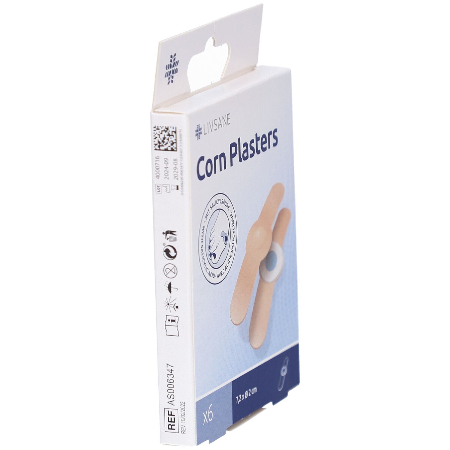 Schachtel LIVSANE Corn Plasters. Seitenansicht. Enthält sechs Pflaster. Produktinformationen und Barcode.