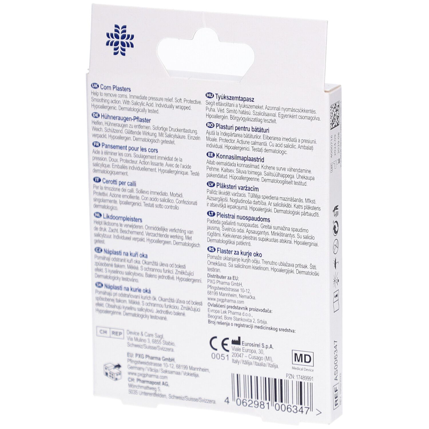 Rückseite der Schachtel LIVSANE Corn Plasters. Mehrsprachige Produktinformationen und Herstellerangaben.