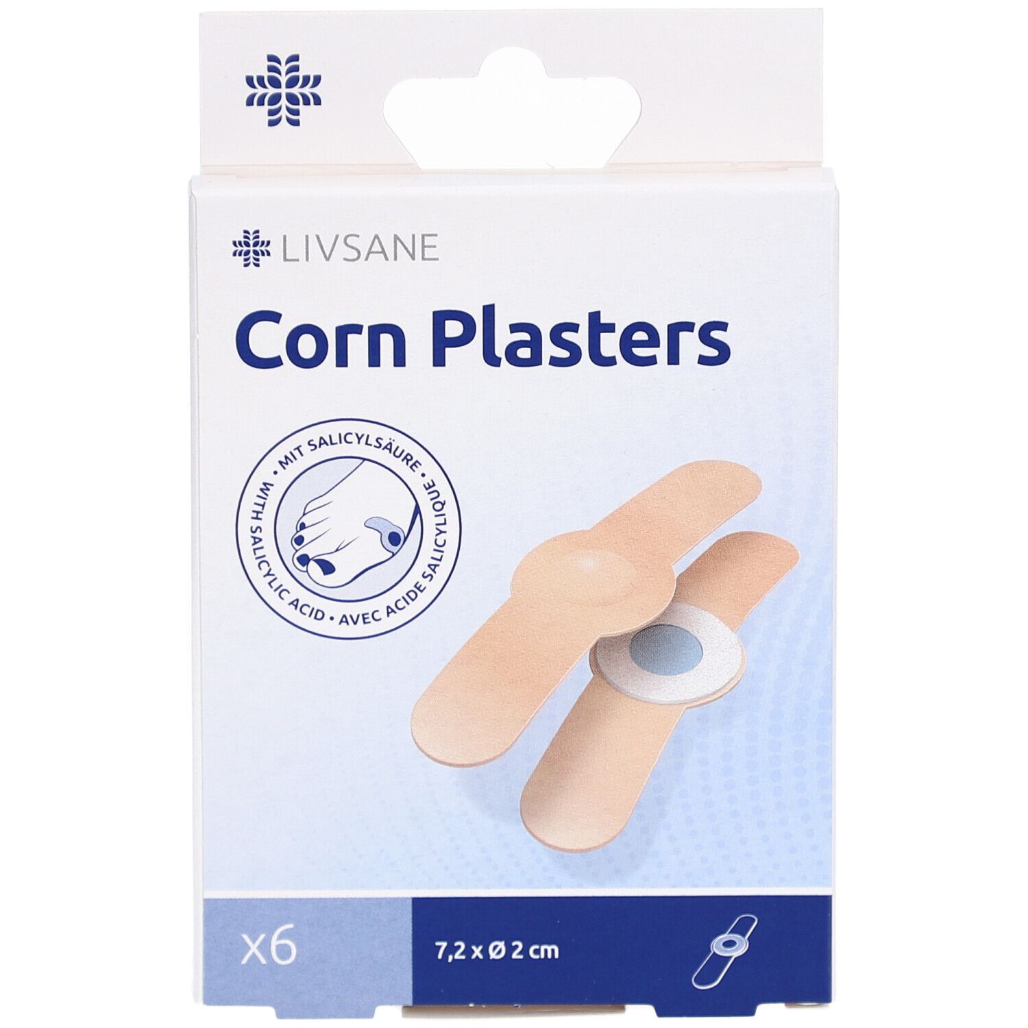 Schachtel mit LIVSANE Corn Plasters. Sechs Pflaster, 7,2 x Ø 2 cm, mit Abbildung. Enthält Salicylsäure.