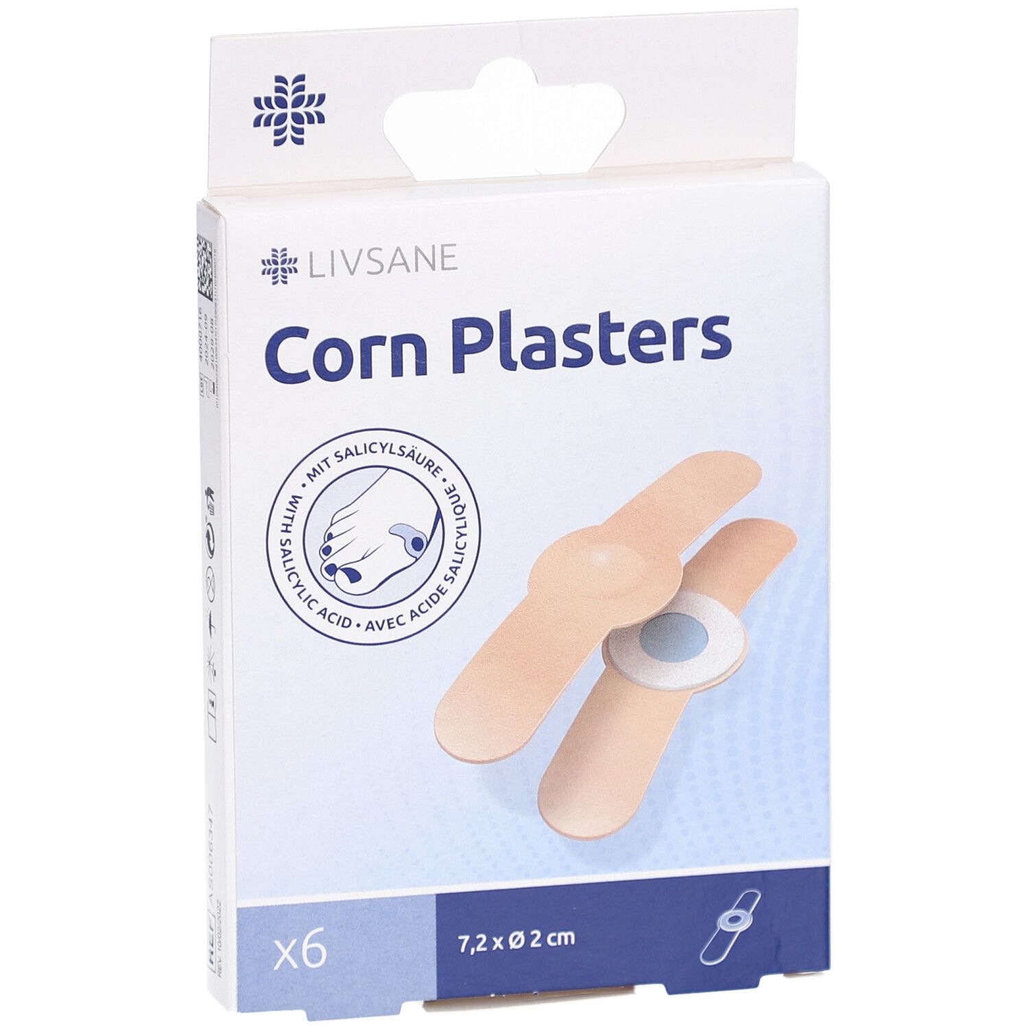 Schachtel mit LIVSANE Corn Plasters. Sechs Pflaster, 7,2 x Ø 2 cm, mit Abbildung. Enthält Salicylsäure.