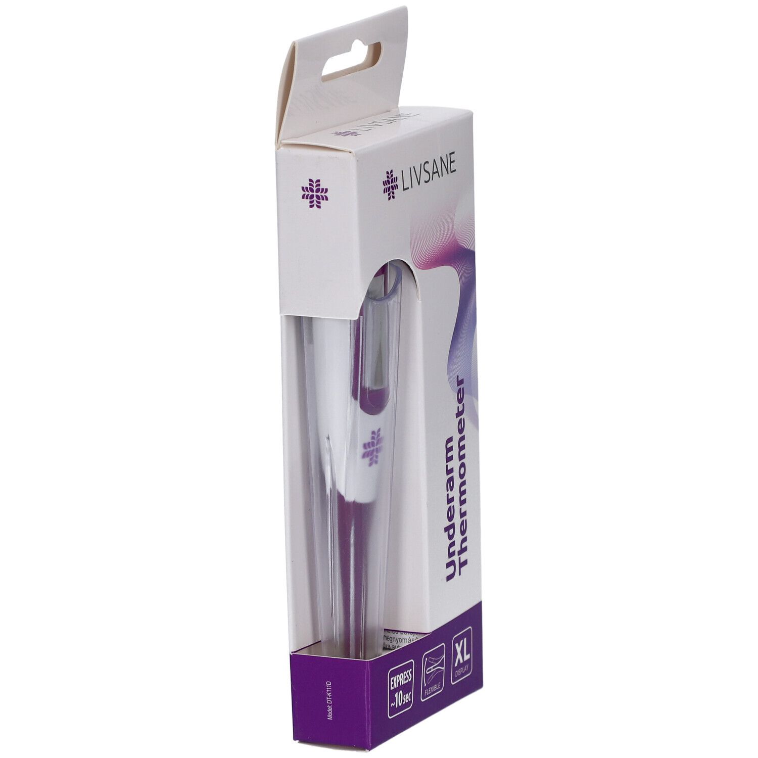 Thermometer in Verpackung. Lila-weißes Design. Marke LIVSANE. Unterarm-Thermometer. XL-Display. Express-Messung in 10 Sekunden.