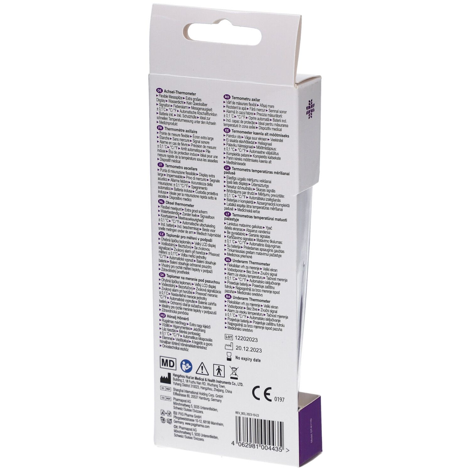 Rückseite der Verpackung. Text in mehreren Sprachen. Marke LIVSANE. Achsel-Thermometer. Medizinprodukt. CE-Kennzeichnung.