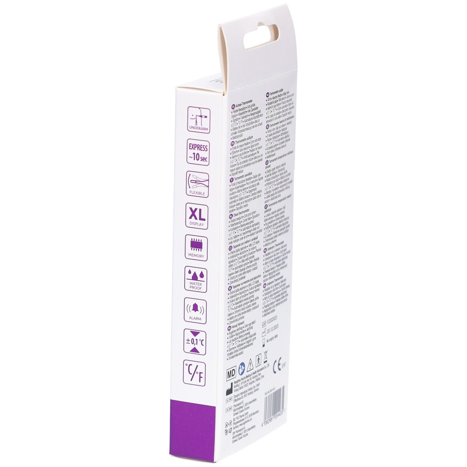 Verpackung, Seite mit Symbolen und Text. Marke LIVSANE. Achsel-Thermometer. Express-Messung in 10 Sekunden. XL-Display.