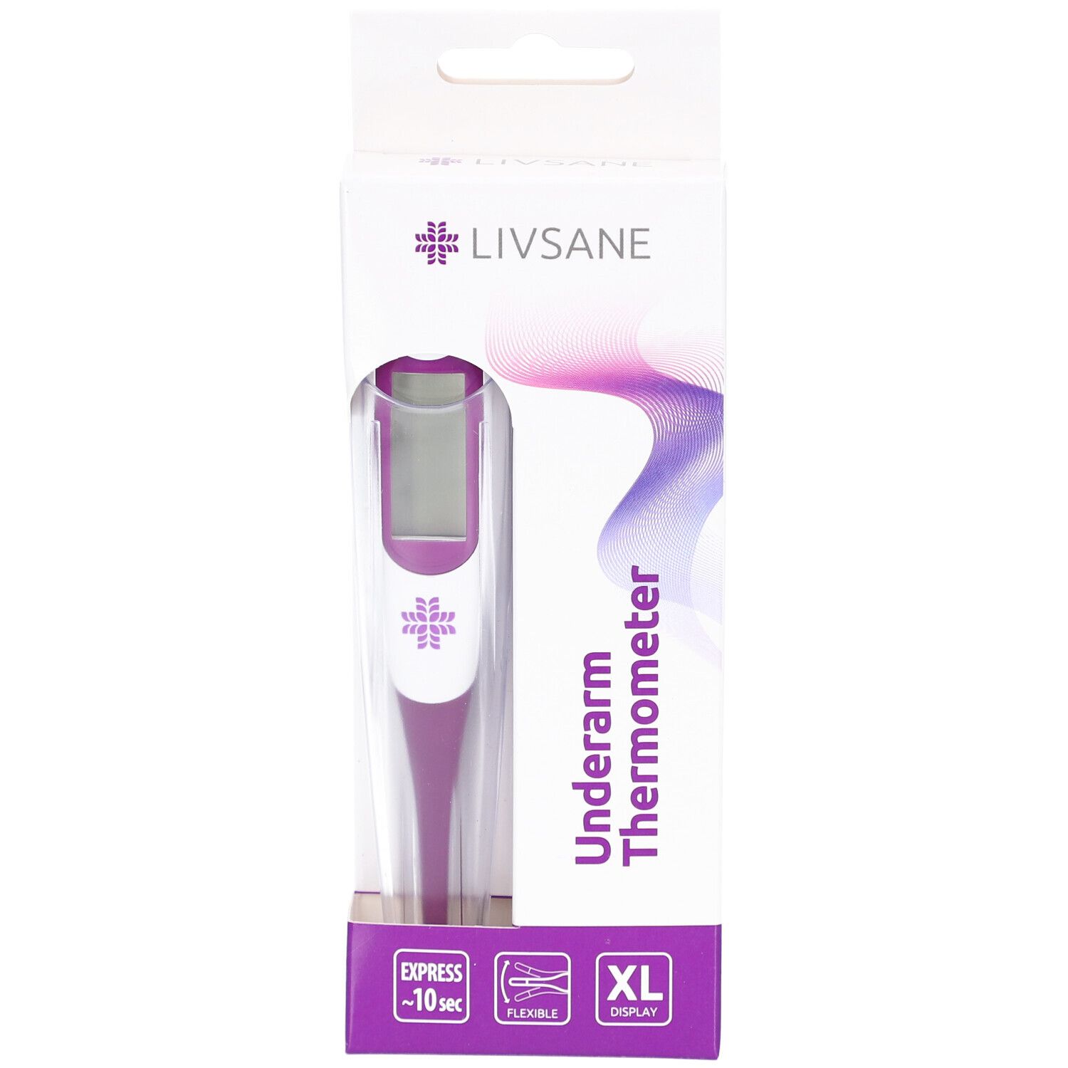 Thermometer in Verpackung. Lila-weißes Design. Marke LIVSANE. Unterarm-Thermometer. XL-Display. Express-Messung in 10 Sekunden.