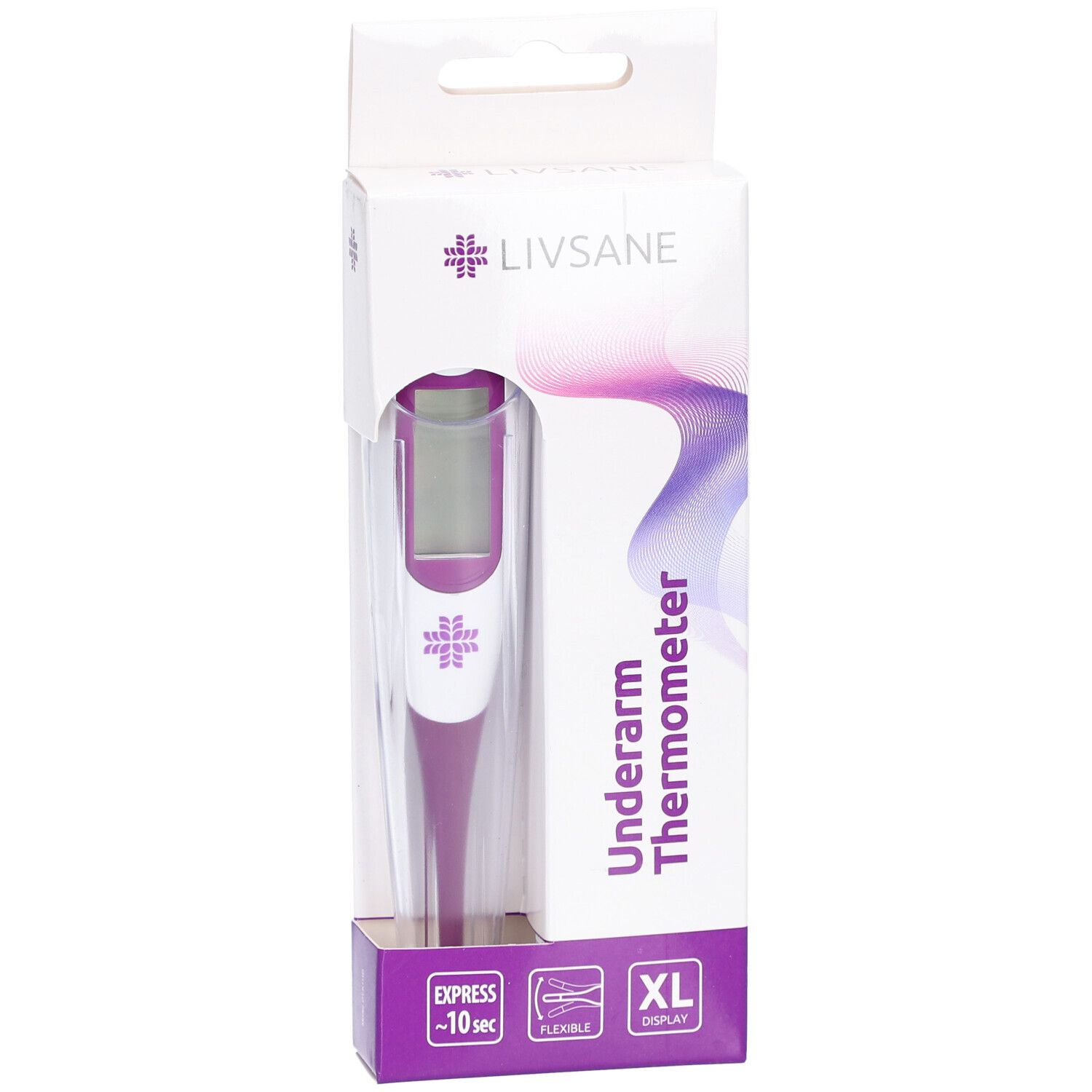 Thermometer in Verpackung. Lila-weißes Design. Marke LIVSANE. Unterarm-Thermometer. XL-Display. Express-Messung in 10 Sekunden.
