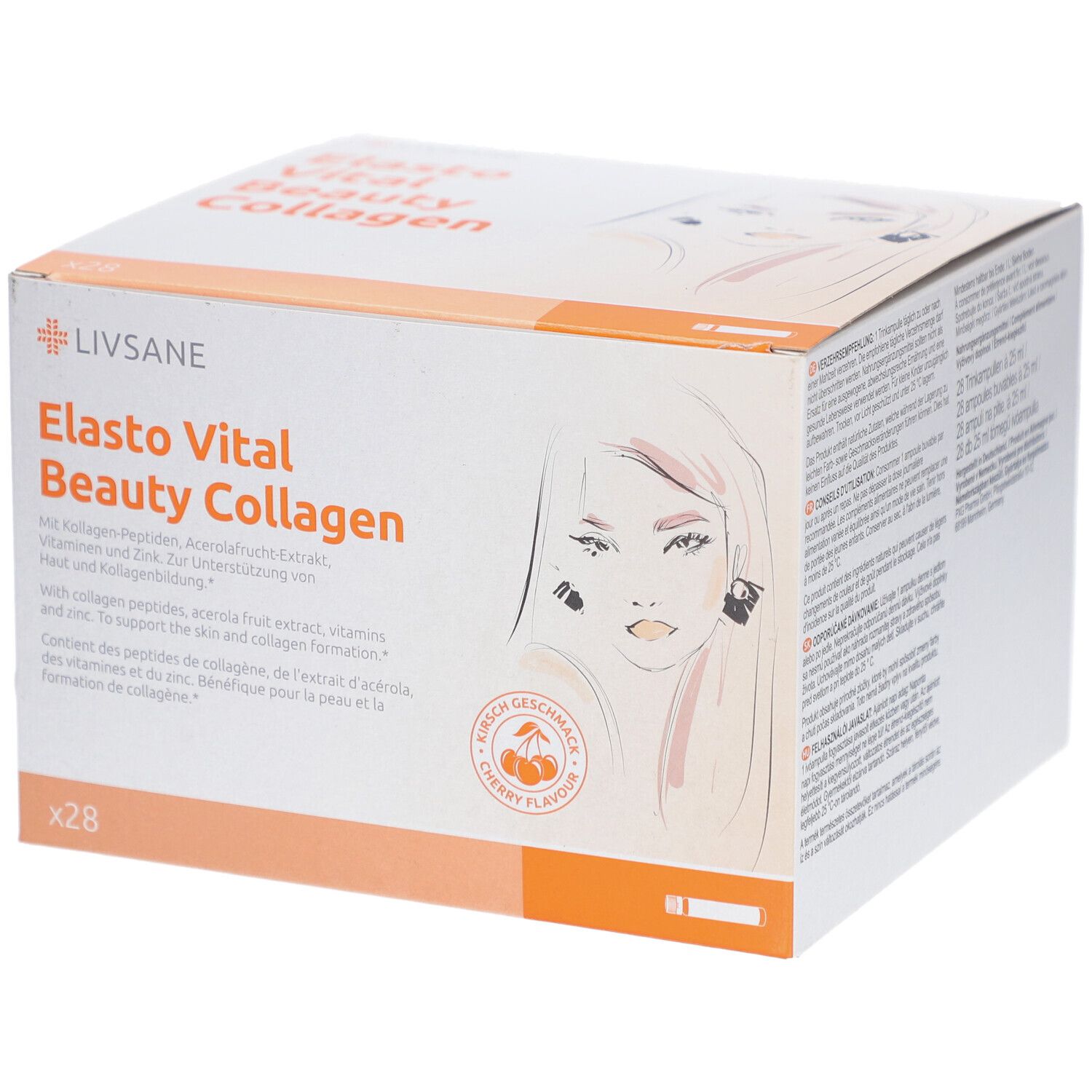 Boîte LIVSANE Elasto Vital Beauty Collagen. Goût cerise, 28 unités. Illustration d'un visage.
