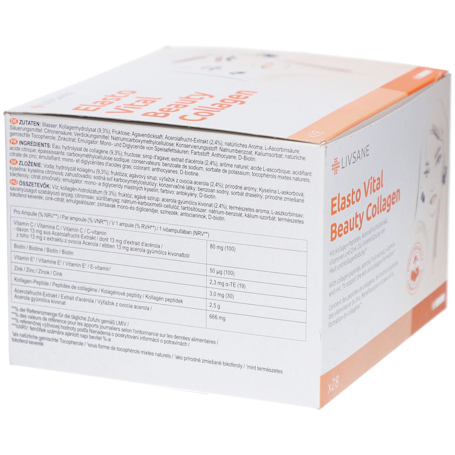 Dos de l'emballage LIVSANE Elasto Vital Beauty Collagen. Liste des ingrédients et informations nutritionnelles.