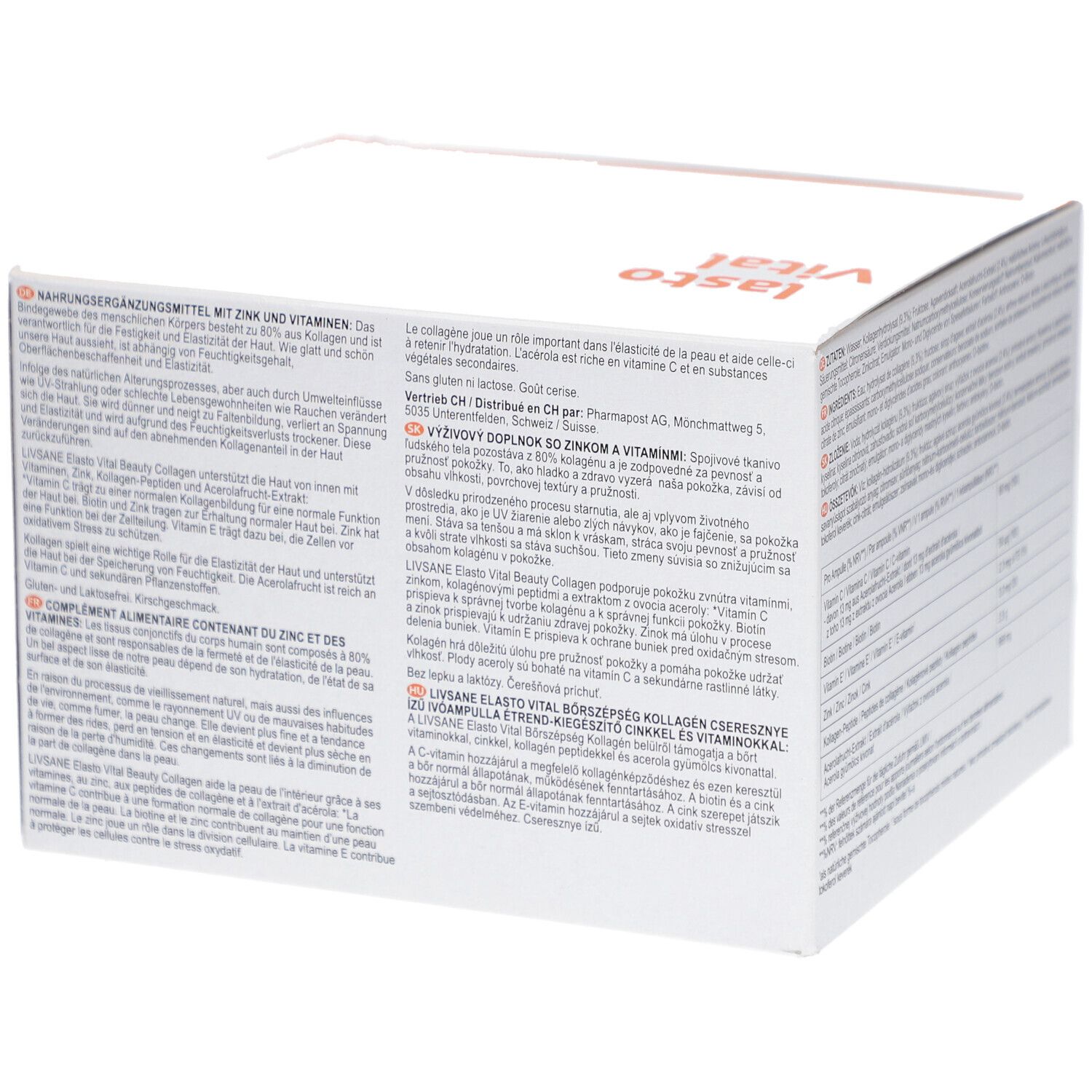 Côté de l'emballage LIVSANE Elasto Vital Beauty Collagen. Informations sur les ingrédients et l'utilisation.