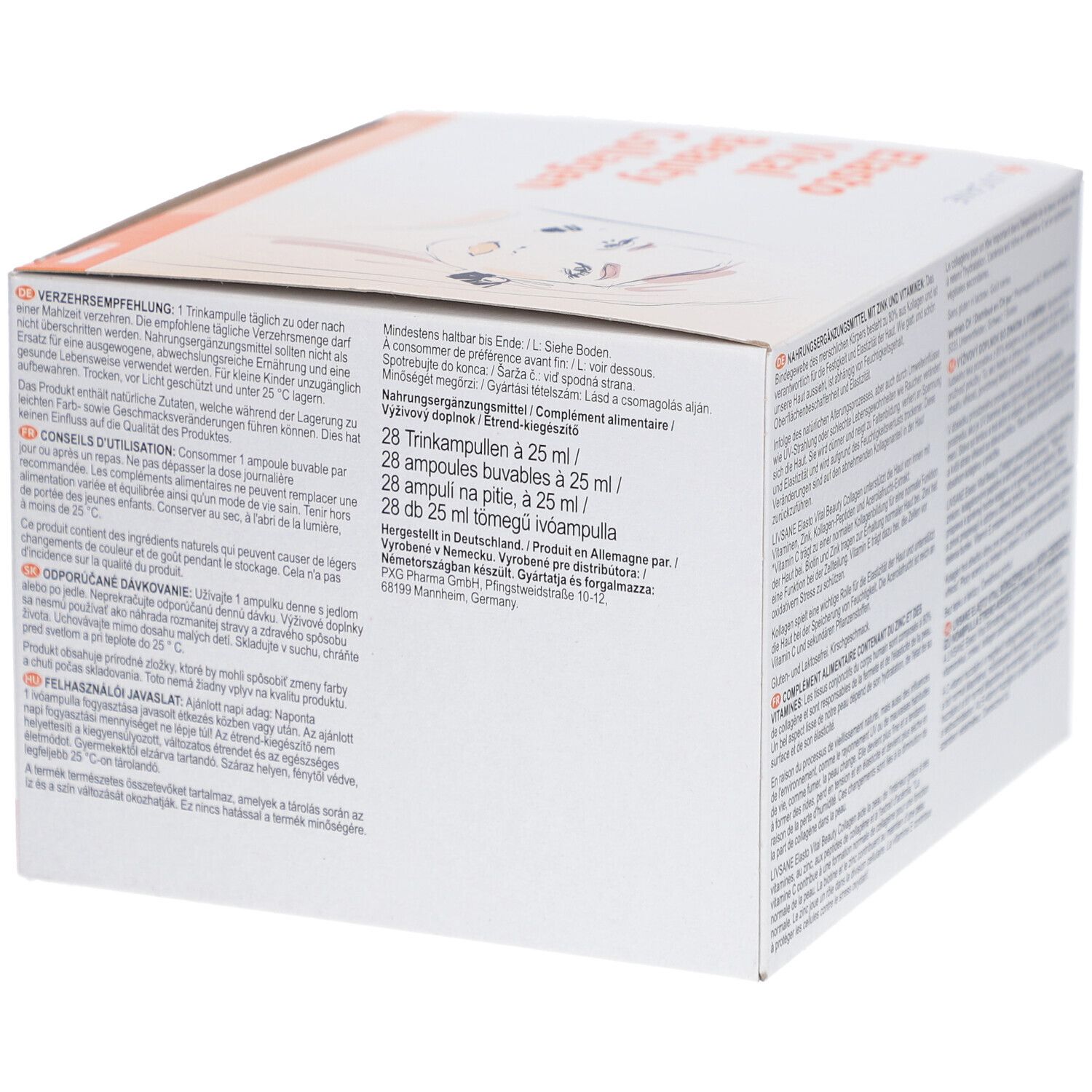 Côté de l'emballage LIVSANE Elasto Vital Beauty Collagen. Recommandations posologiques et informations sur le contenu.