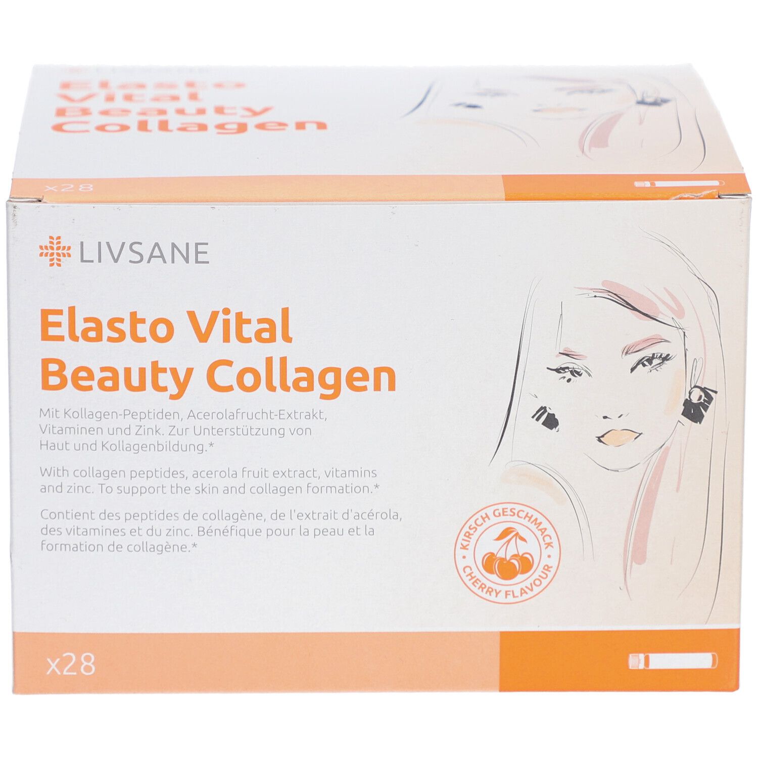 Boîte LIVSANE Elasto Vital Beauty Collagen. Goût cerise, 28 unités. Illustration d'un visage.