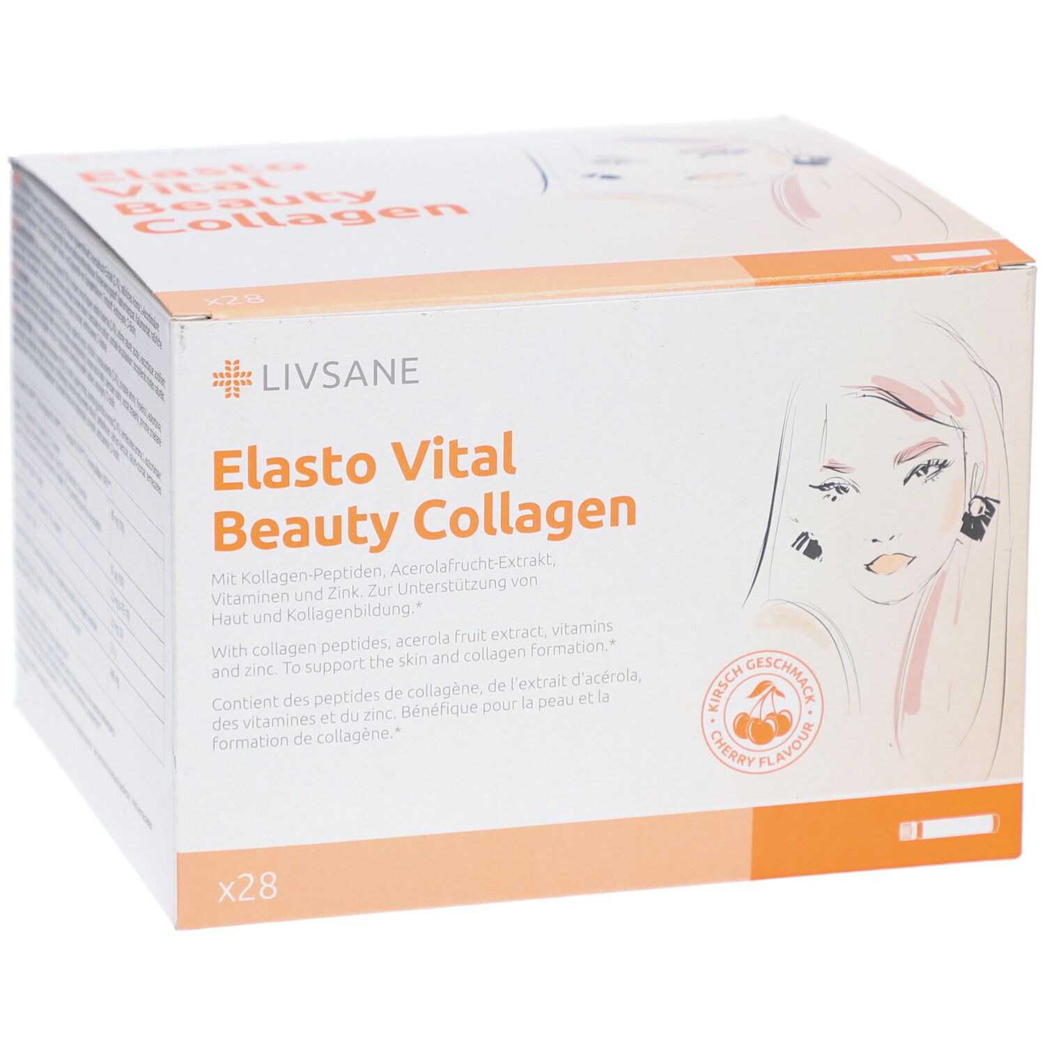 Boîte LIVSANE Elasto Vital Beauty Collagen. Goût cerise, 28 unités. Illustration d'un visage.