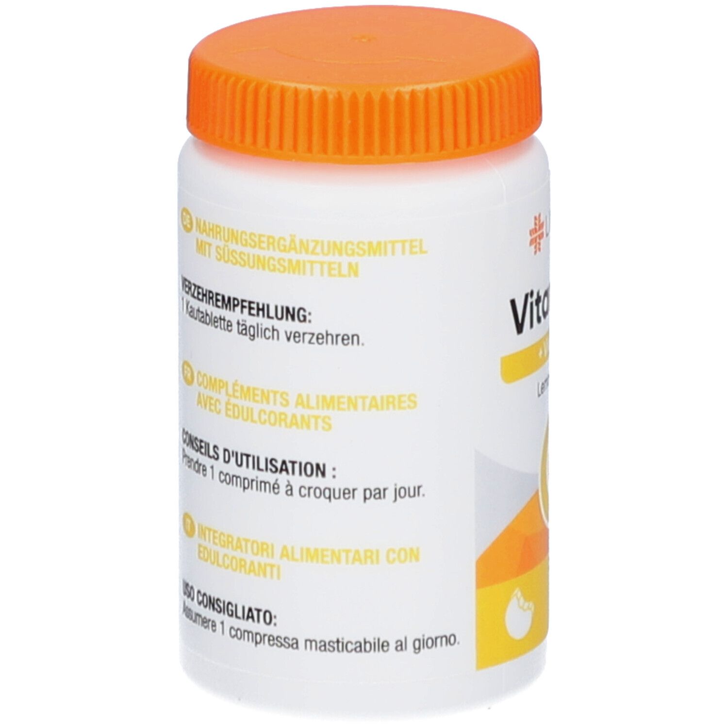 Weiße Flasche mit orangefarbenem Deckel. Text: Nahrungsergänzungsmittel. Verzehrempfehlung: 1 Kautablette täglich.