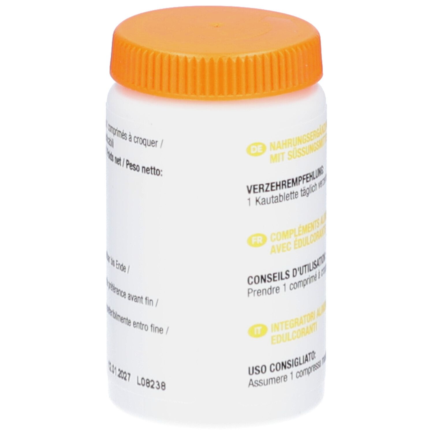 Weiße Flasche mit orangefarbenem Deckel. Text: Verzehrempfehlung: 1 Kautablette täglich. Mindestens haltbar bis Ende.