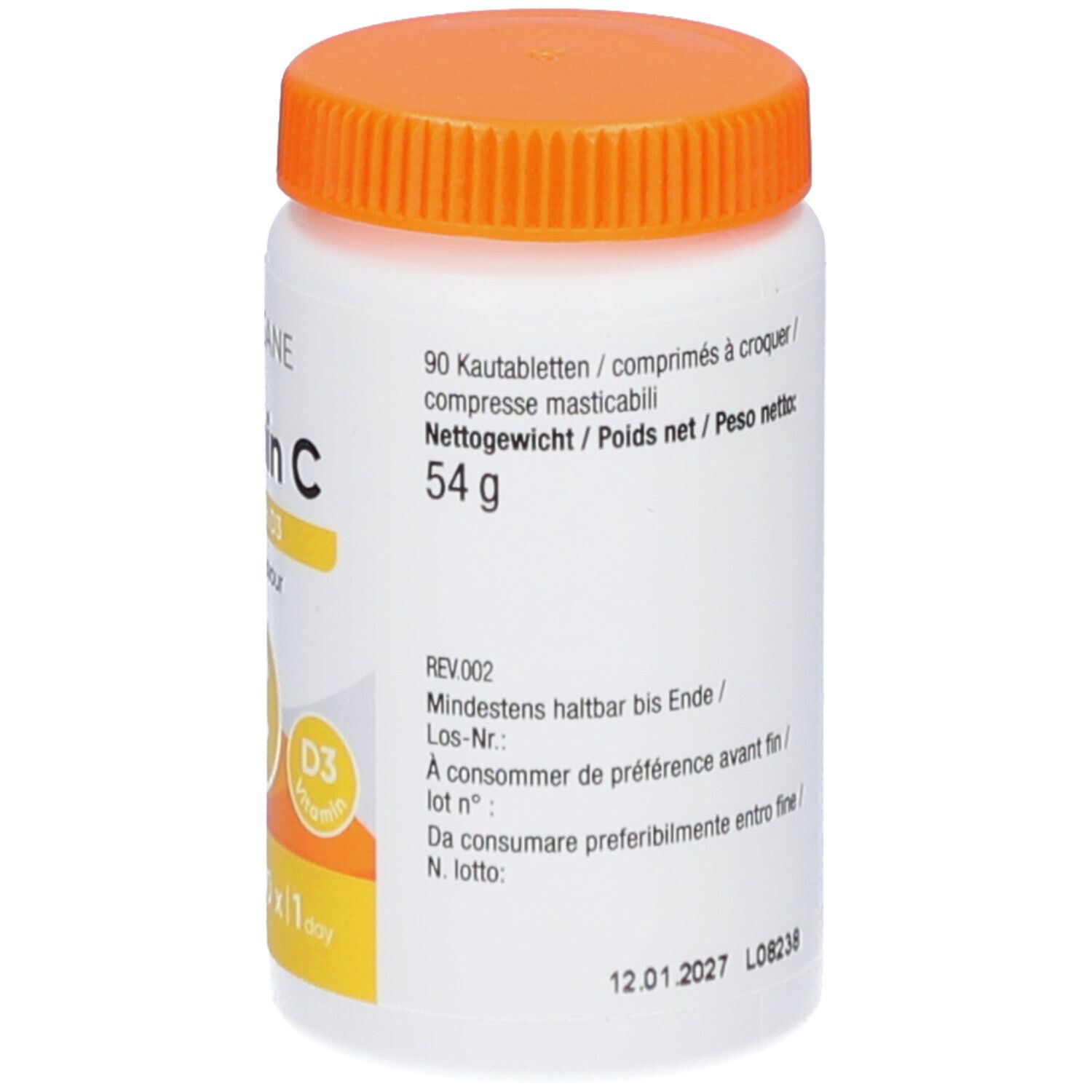 Weiße Flasche mit orangefarbenem Deckel. Text: 90 Kautabletten. Nettogewicht 54 g. Mindestens haltbar bis Ende.