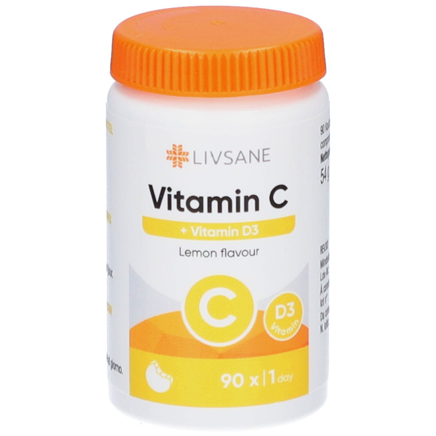 Weiße Flasche mit orangefarbenem Deckel. Text: LIVSANE Vitamin C + Vitamin D3. Zitrone. 90 x 1/Tag.