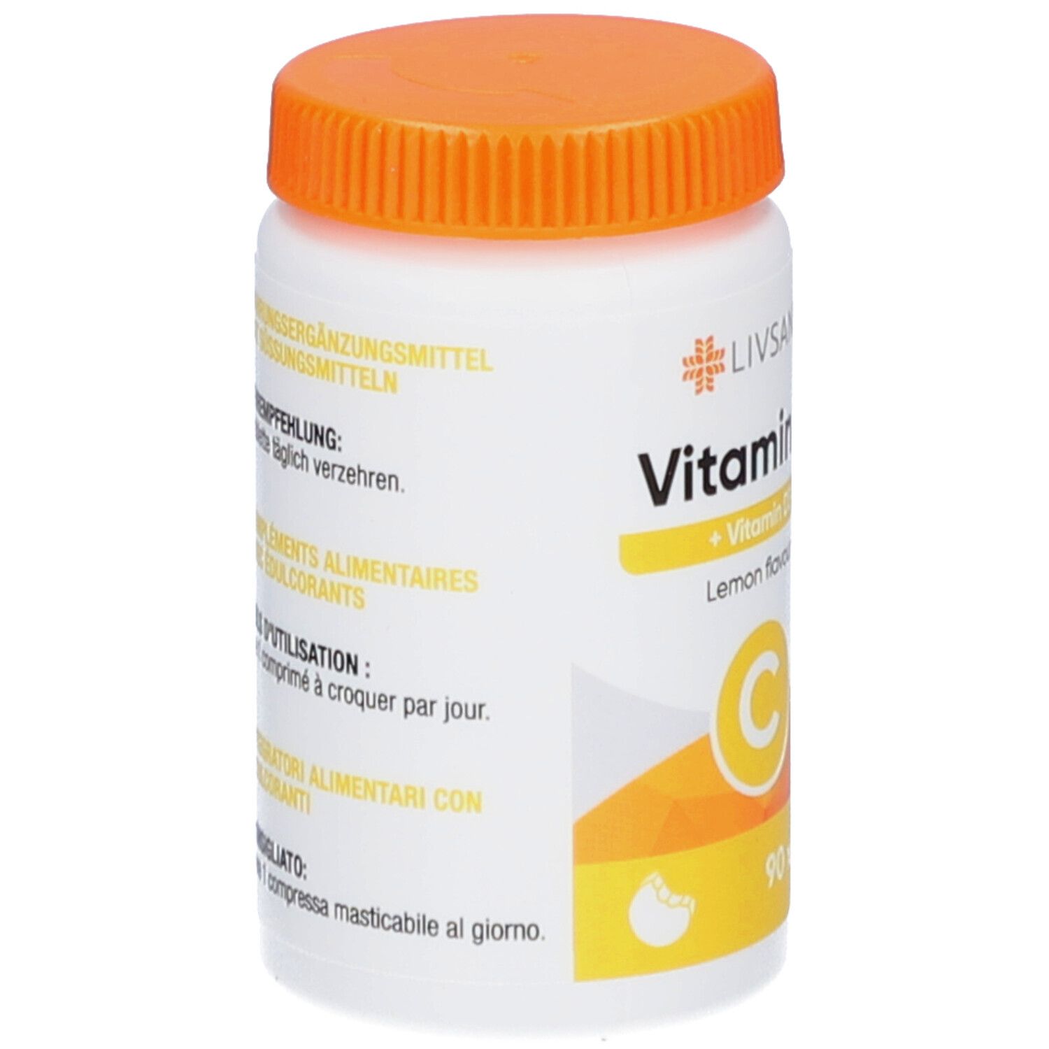 Weiße Flasche mit orangefarbenem Deckel. Text: LIVSANE Vitamin C + Vitamin D3. Zitrone. 90 x 1/Tag. Nahrungsergänzungsmittel.