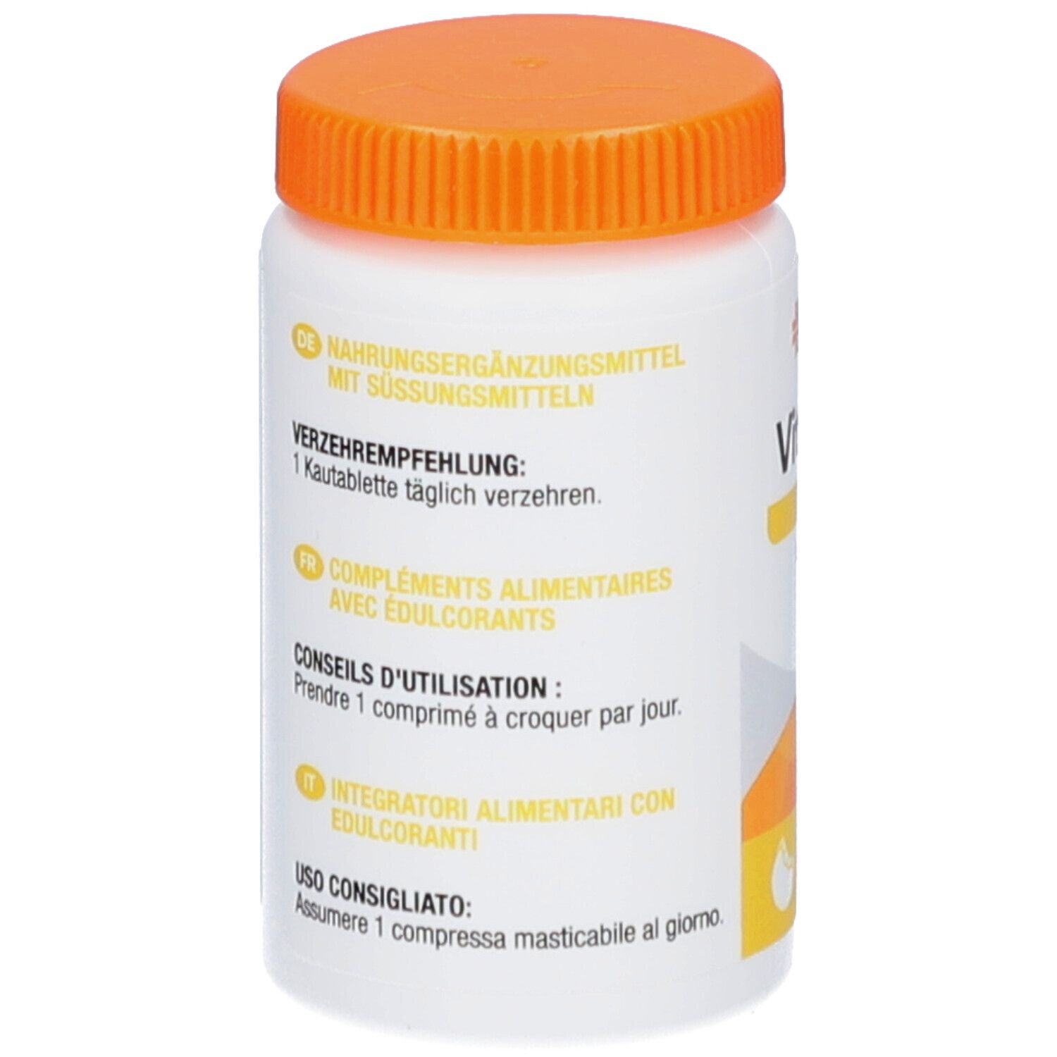 Weiße Flasche mit orangefarbenem Deckel. Text: Nahrungsergänzungsmittel. Verzehrempfehlung: 1 Kautablette täglich.