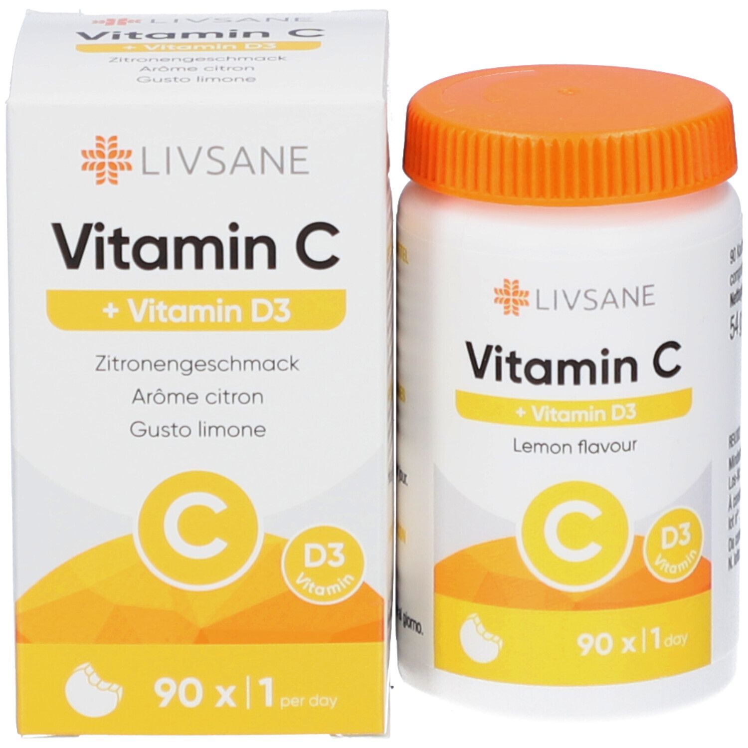 Produktverpackung: Schachtel und Flasche. Text: LIVSANE Vitamin C + Vitamin D3. Zitrone. 90 x 1/Tag.